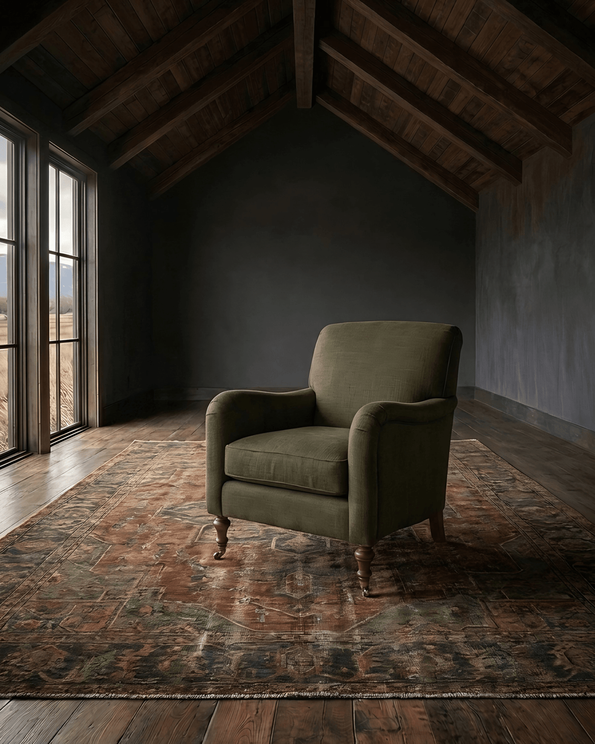 living room custom furniture modern mountain linen chair Hello Norden - Simen Lounge Chair in our Eco-Performance Linen in Loden, shown in a rustic modern room