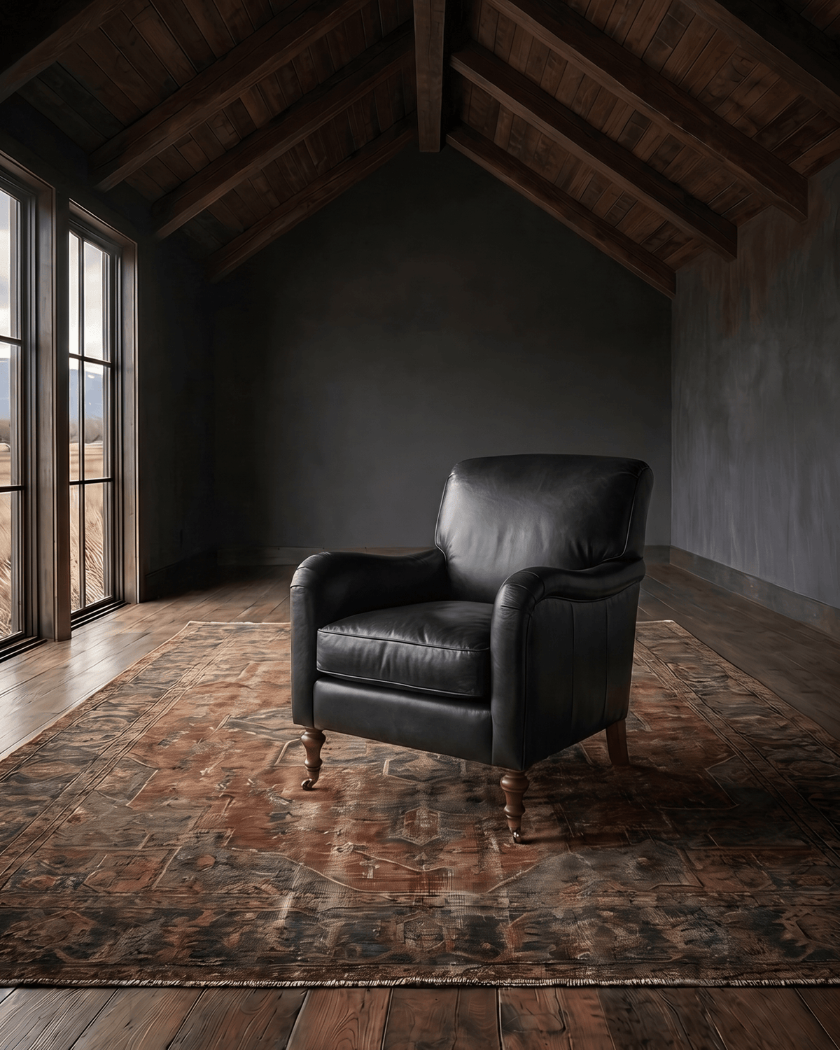living room custom furniture modern mountain leather chair Hello Norden - Simen Lounge Chair in Road Warrior Safety Zone leather, shown in a rustic modern room