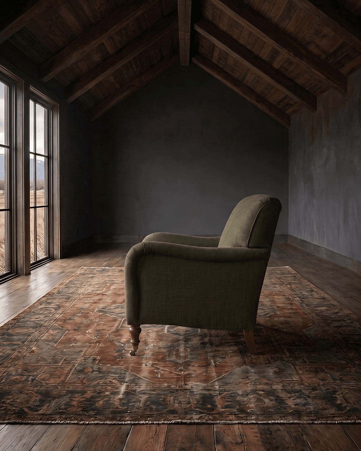 living room custom furniture modern mountain linen chair Hello Norden - Simen Lounge Chair in our Eco-Performance Linen in Loden, shown in a rustic modern room