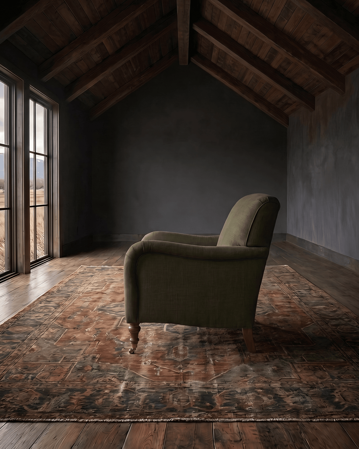 living room custom furniture modern mountain linen chair Hello Norden - Simen Lounge Chair in our Eco-Performance Linen in Loden, shown in a rustic modern room