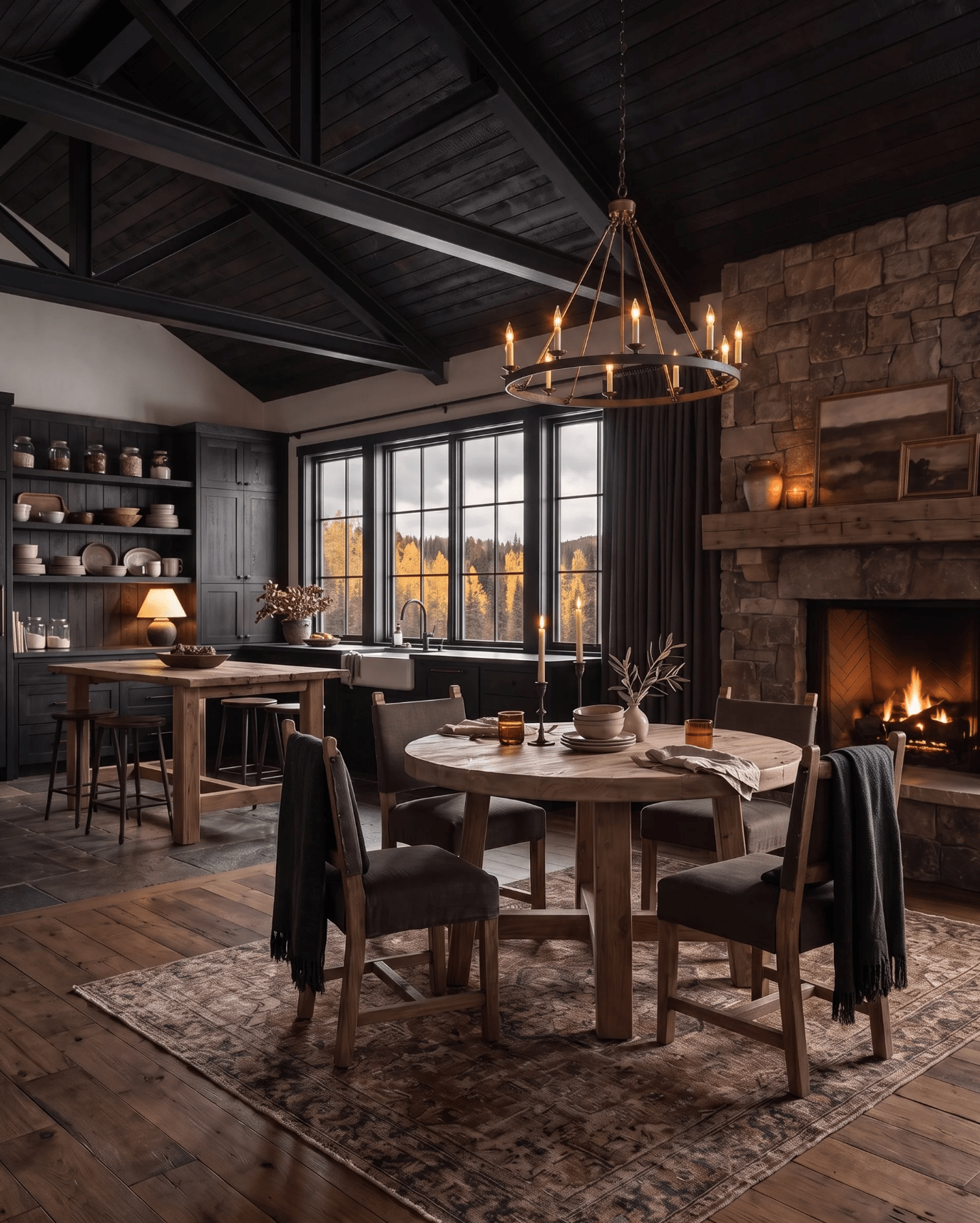 modern mountain Skag Round Dining Table Hello Norden, shown in a rustic modern room