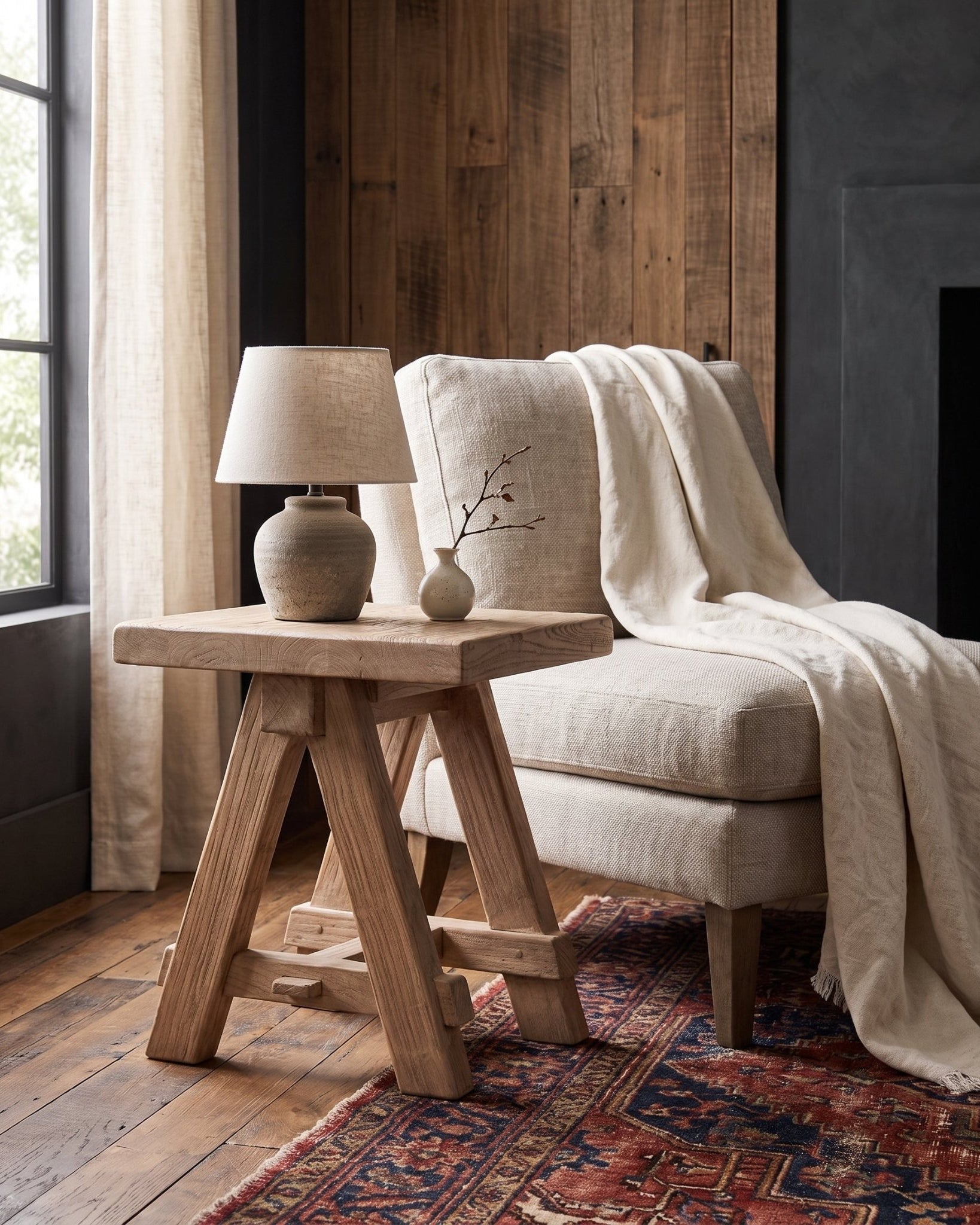 living room furniture modern mountain side table Hello Norden - Skag Side Table, styled in a modern rustic room reclaimed wood furniture
