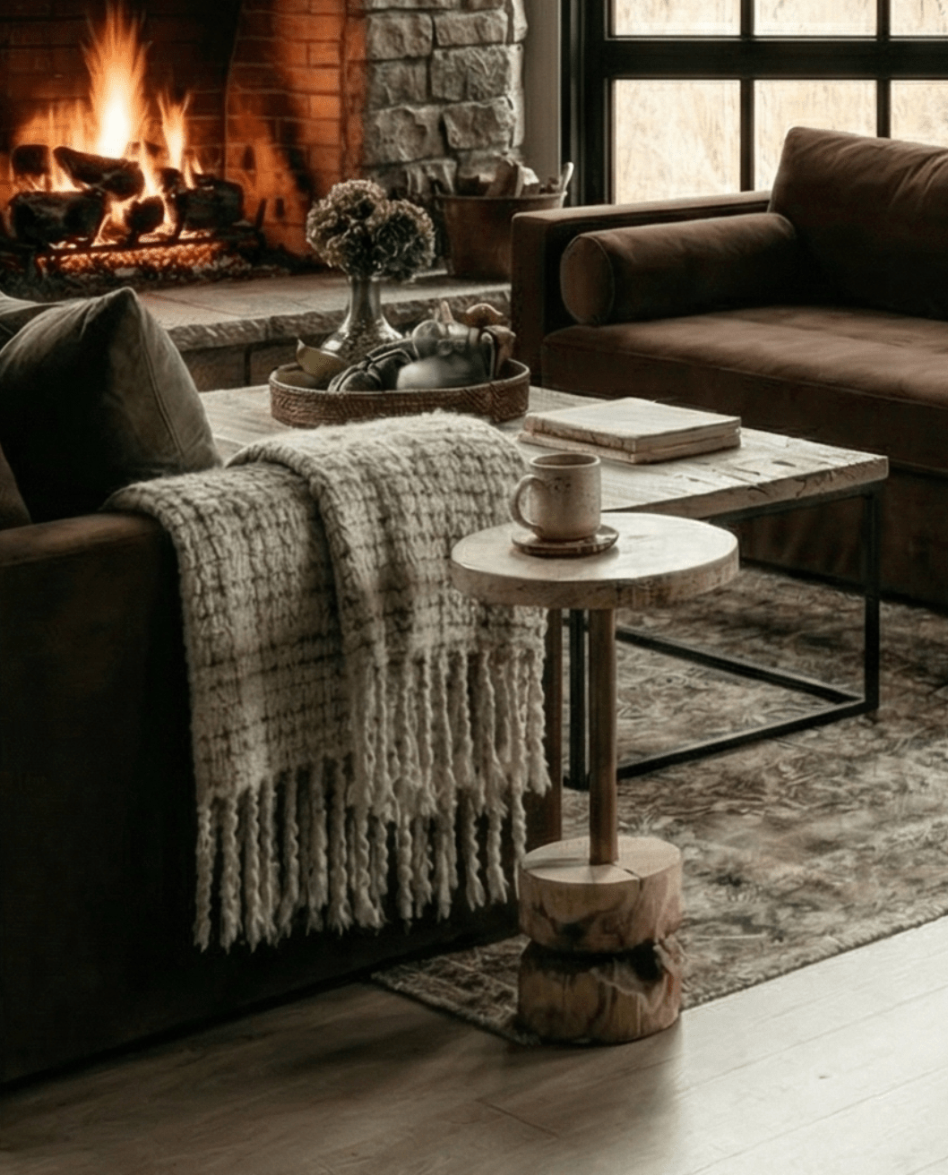 petrified wood side table modern farmhouse mountain living room Hello Norden 2