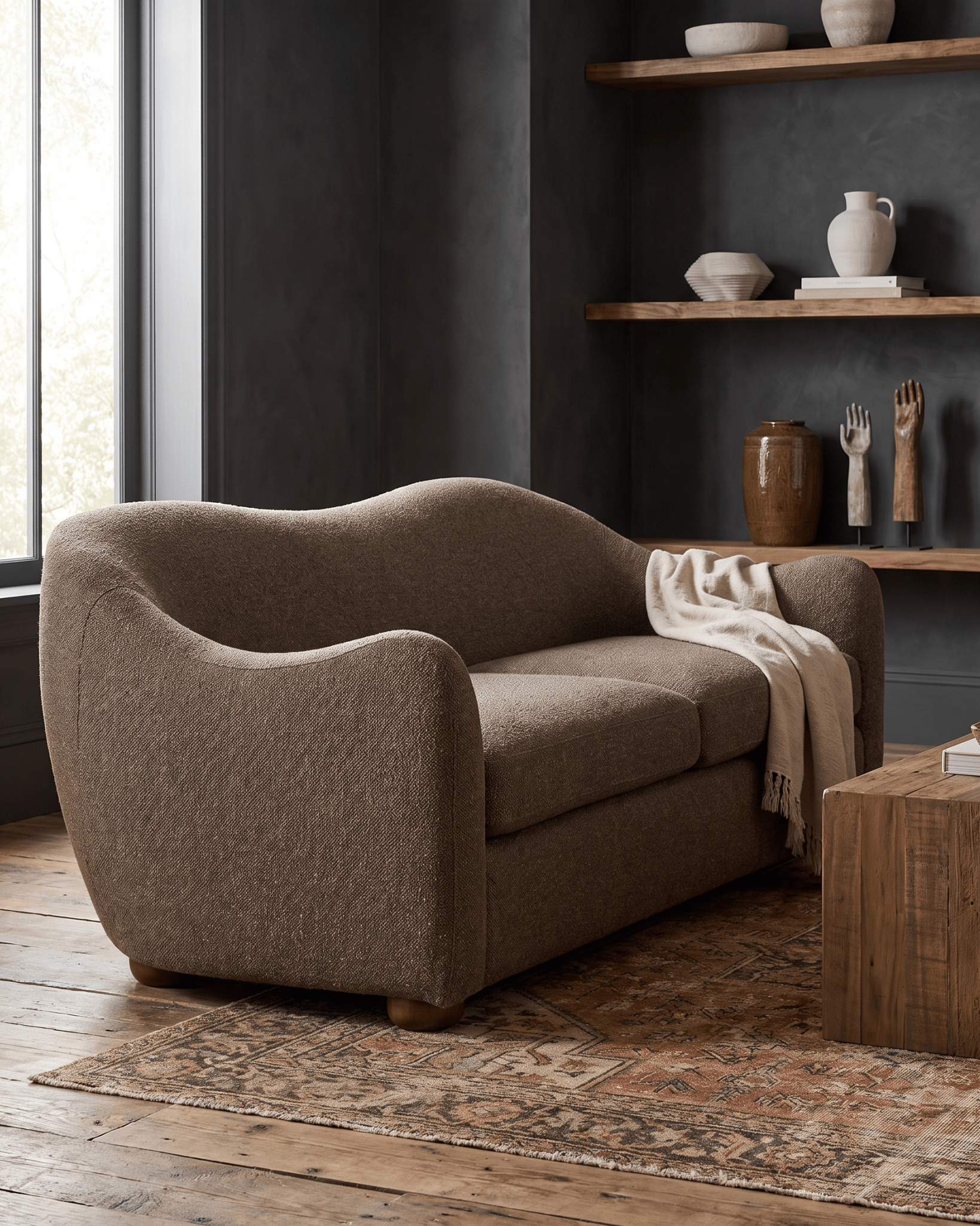 living room furniture modern mountain sofa Hello Norden - Snorri Sofa, styled in a modern rustic room