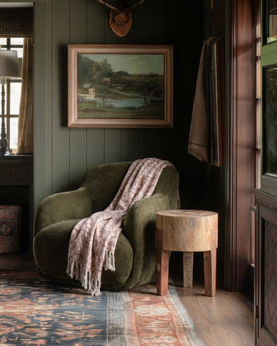 Cozy living room with green armchair, wood tree trunk side table stool, and decorative elements.