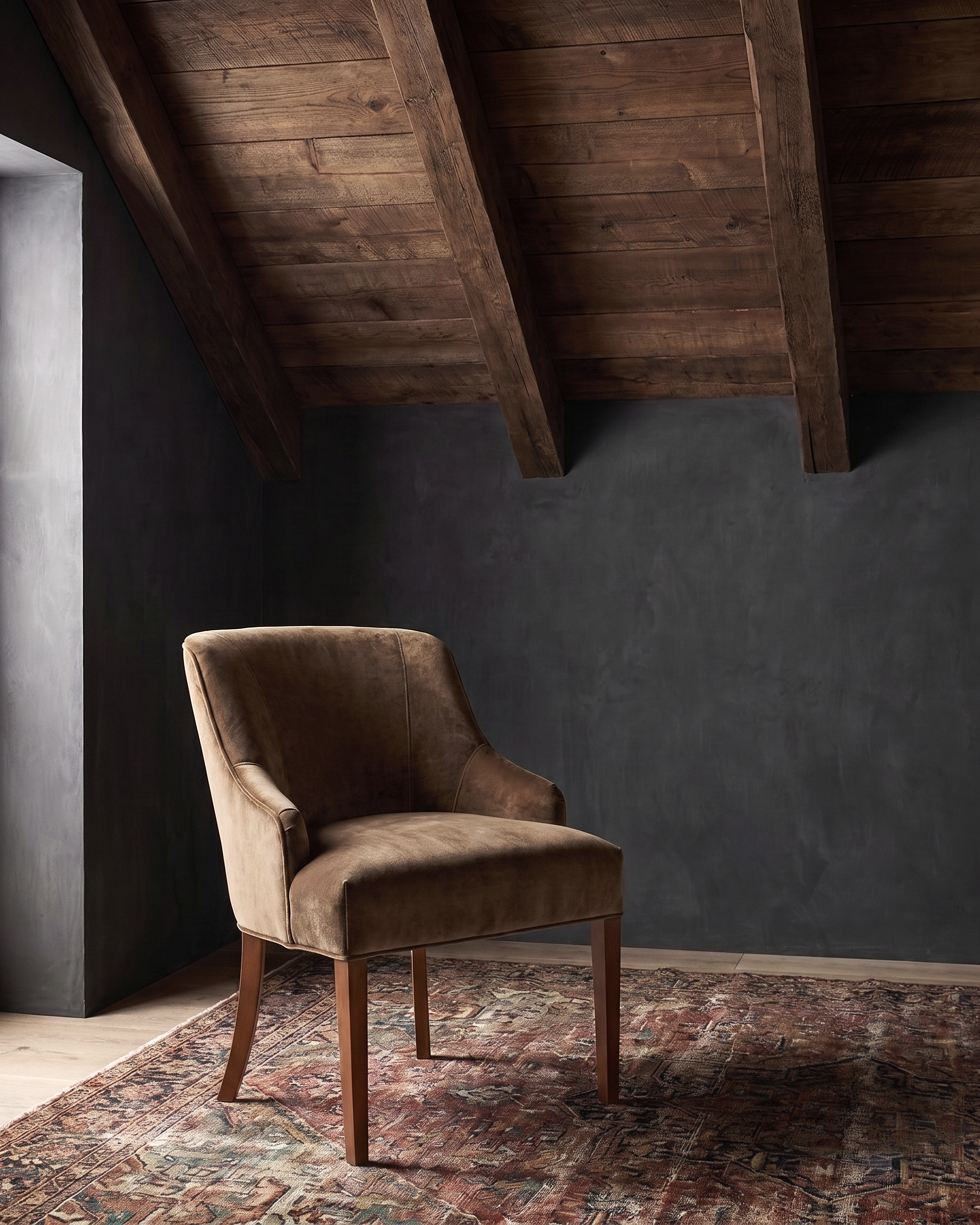 dining room custom furniture modern mountain velvet dining chair Hello Norden - Soren Dining Chair in Banks Eco-Performance Velvet in Toffee, shown in a rustic modern room