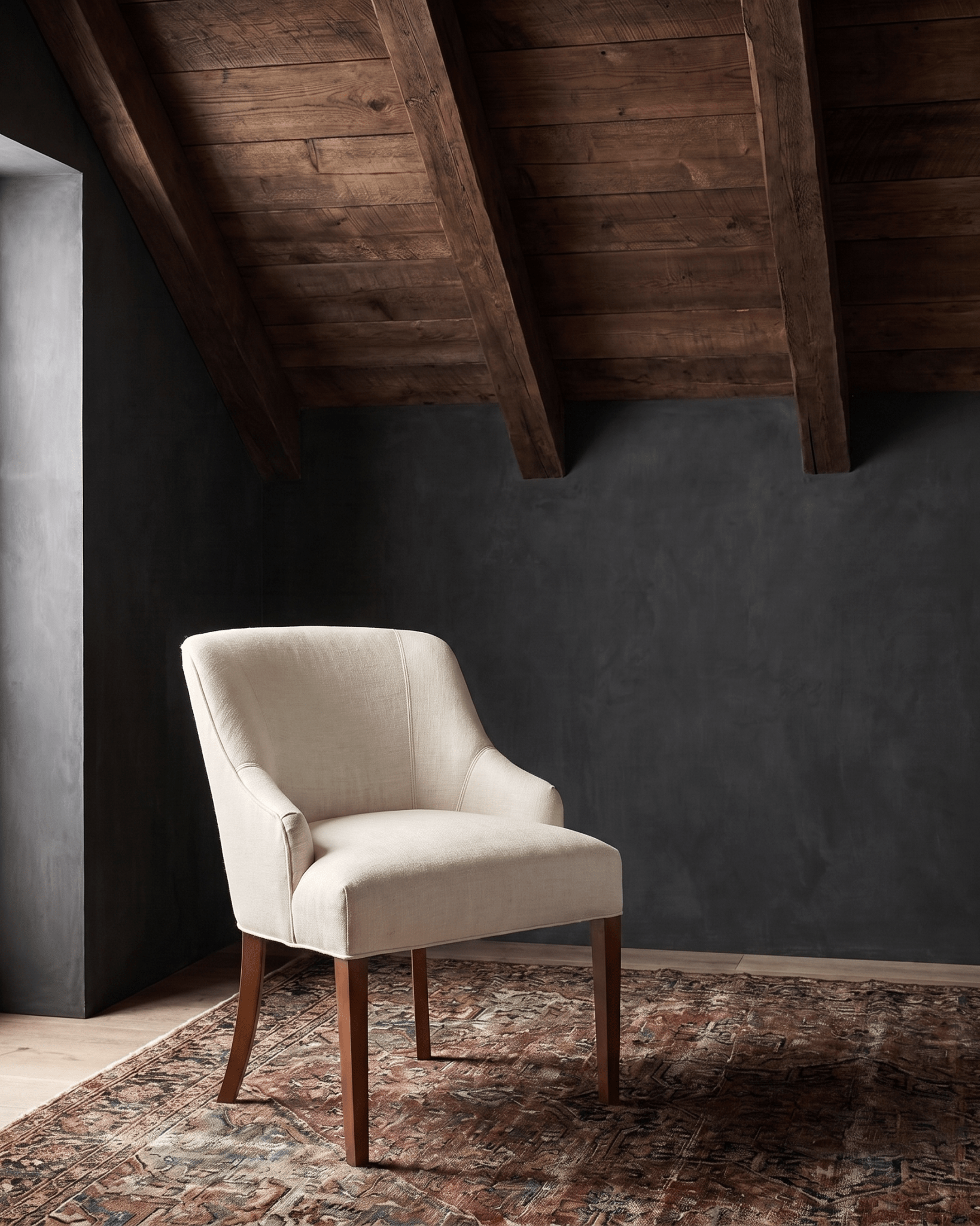 dining room custom furniture modern mountain linen dining chair Hello Norden - Soren Dining Chair in Palmer Eco-Performance Linen in Ivory, shown in a rustic modern room