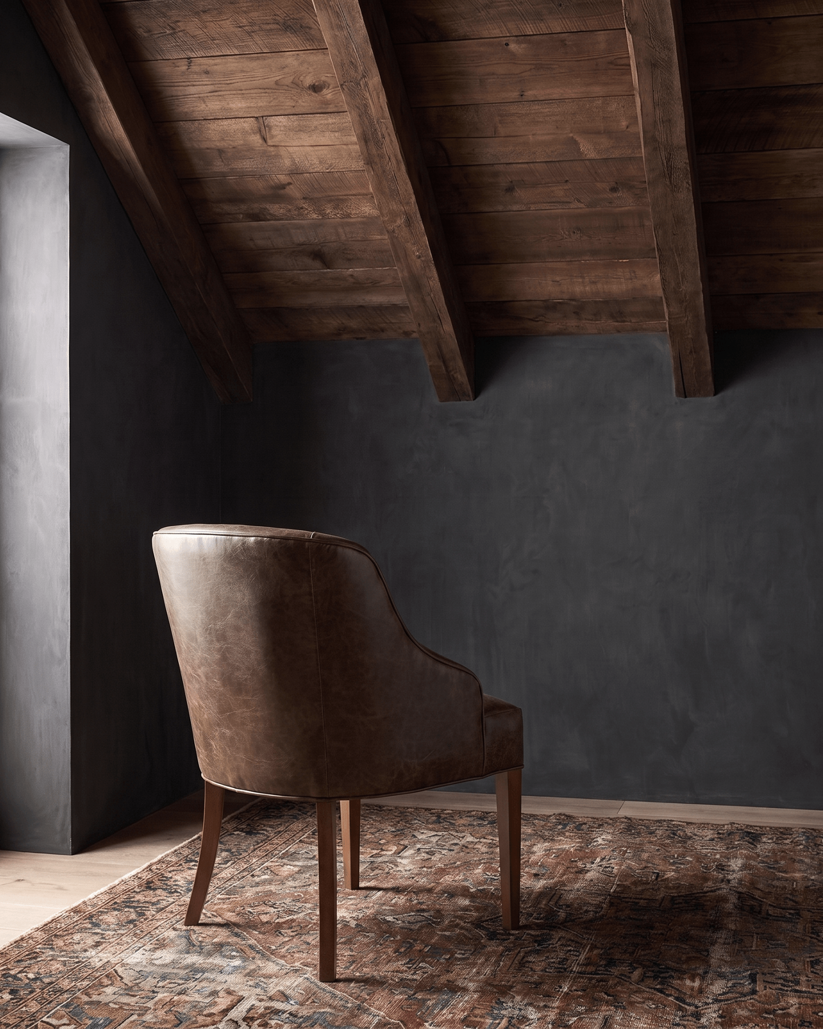 dining room custom furniture modern mountain leather dining chair Hello Norden - Soren Dining Chair in St Croix Holm Sweet Holm leather, shown in a rustic modern room