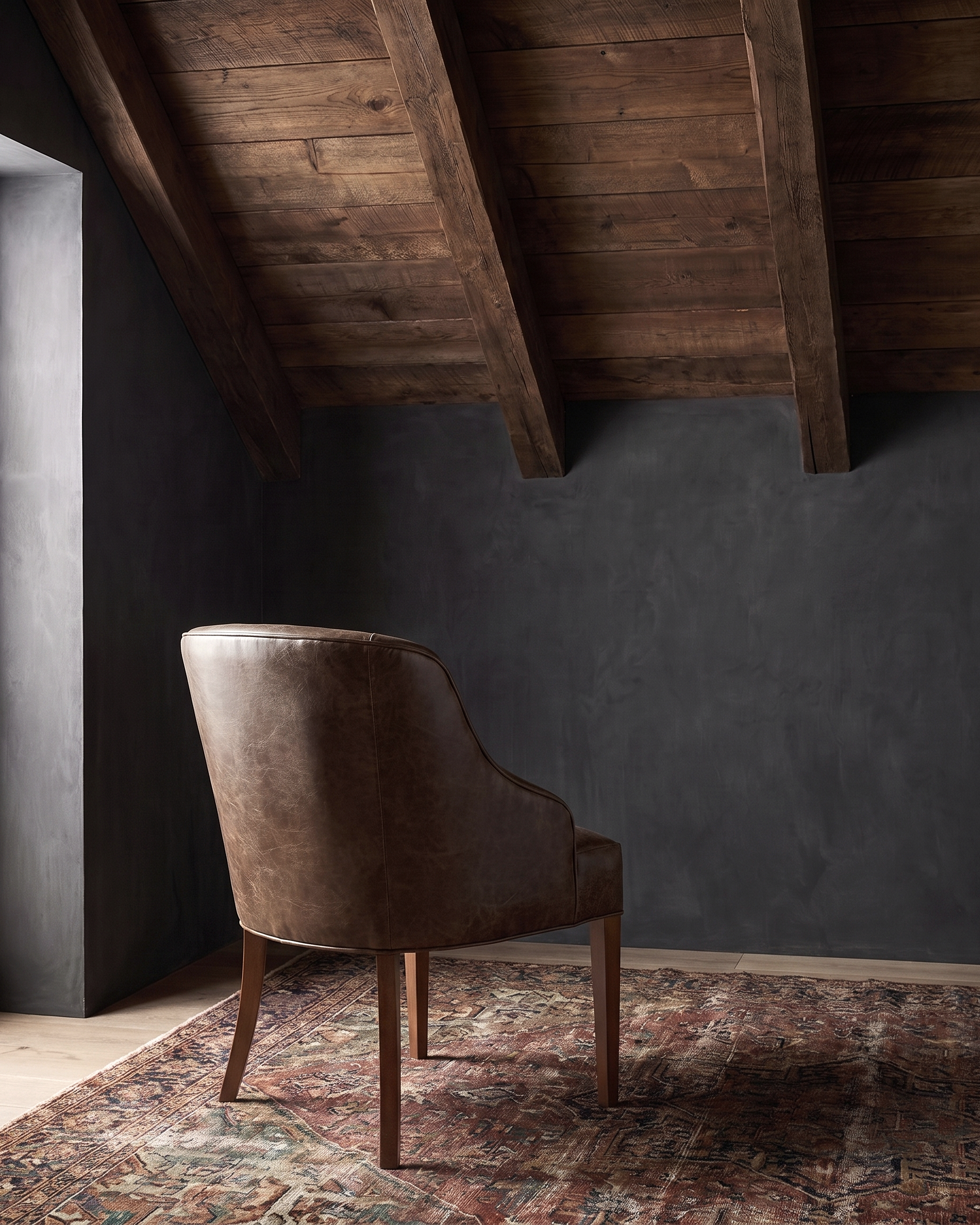 dining room custom furniture modern mountain leather dining chair Hello Norden - Soren Dining Chair in St Croix Holm Sweet Holm leather, shown in a rustic modern room