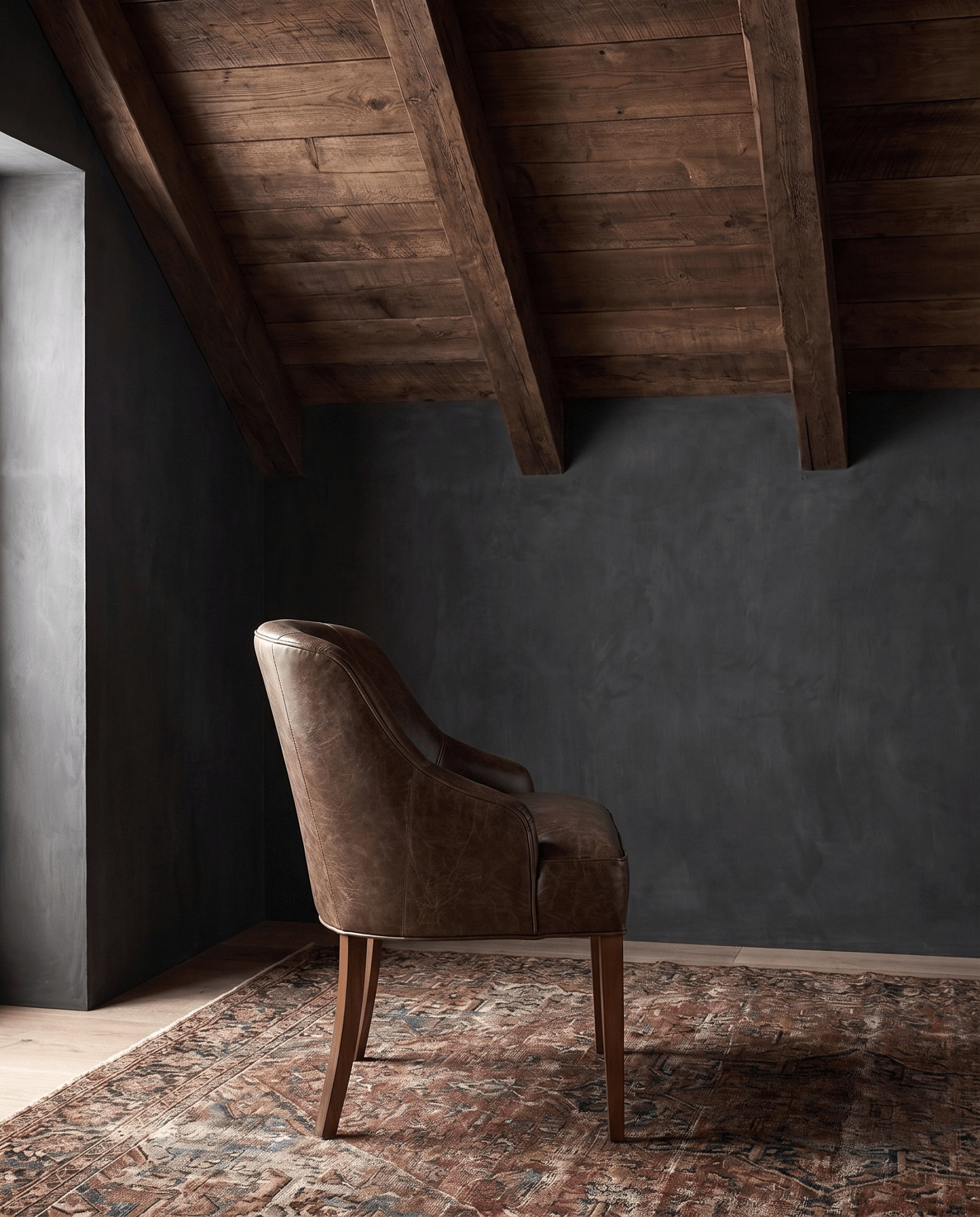 dining room custom furniture modern mountain leather dining chair Hello Norden - Soren Dining Chair in St Croix Holm Sweet Holm leather, shown in a rustic modern room