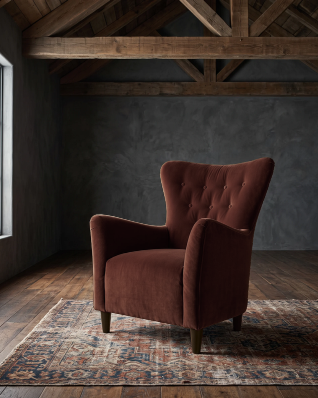 living room custom furniture modern mountain velvet chair Hello Norden - Soren Wing Chair in Banks Eco-Performance Velvet in Cabernet, shown in a rustic modern room