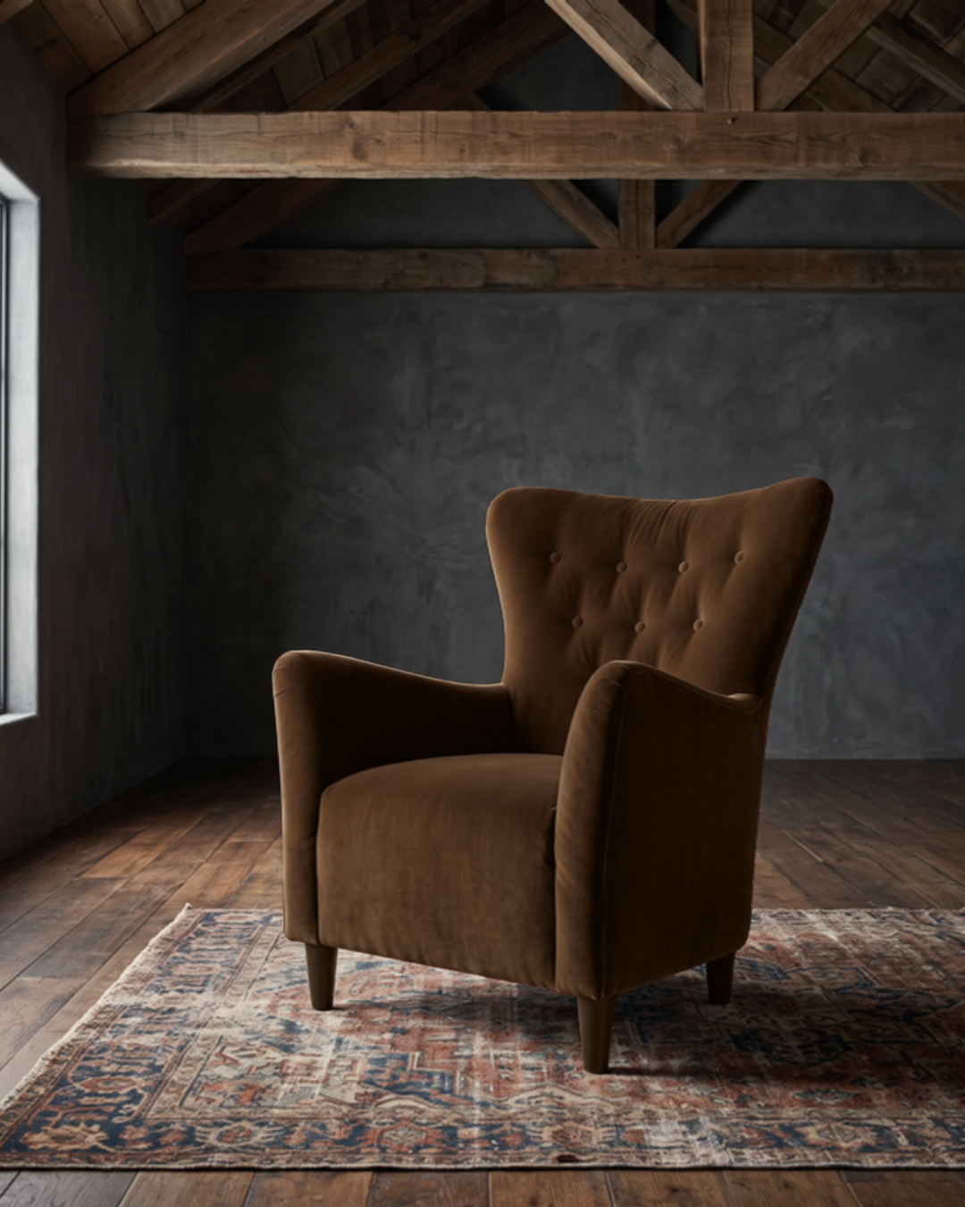 living room custom furniture modern mountain velvet chair Hello Norden - Soren Wing Chair in Banks Eco-Performance Velvet in Cognac, shown in a rustic modern room