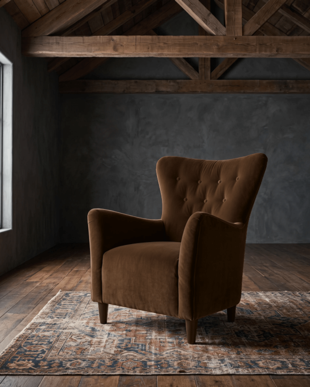 living room custom furniture modern mountain velvet chair Hello Norden - Soren Wing Chair in Banks Eco-Performance Velvet in Cognac, shown in a rustic modern room