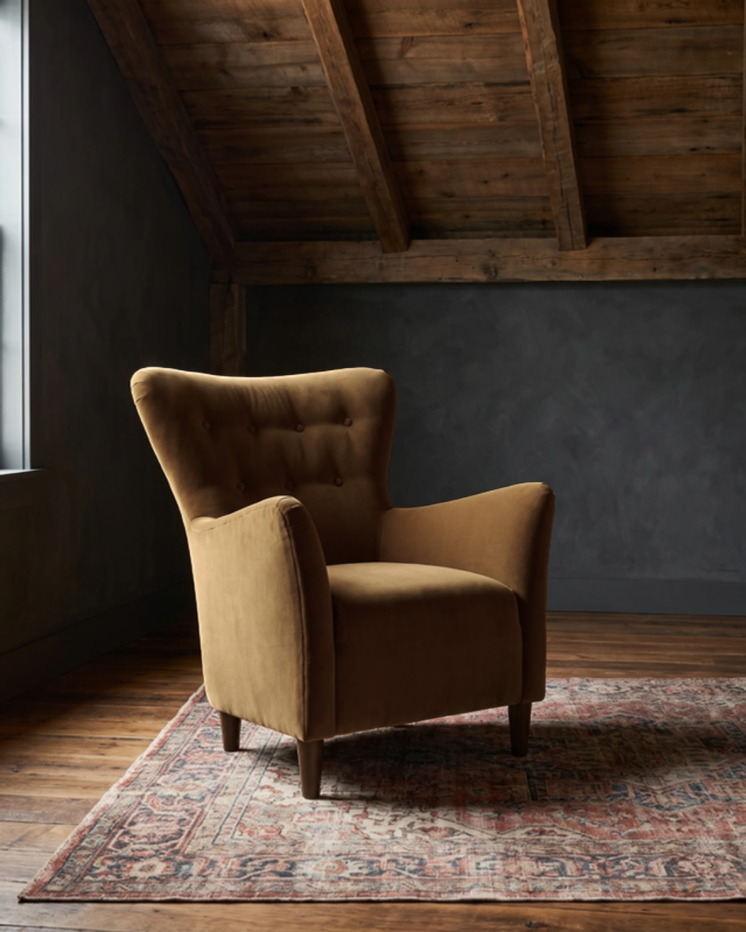 living room custom furniture modern mountain velvet chair Hello Norden - Soren Wing Chair in Banks Eco-Performance Velvet in Tobacco, shown in a rustic modern room