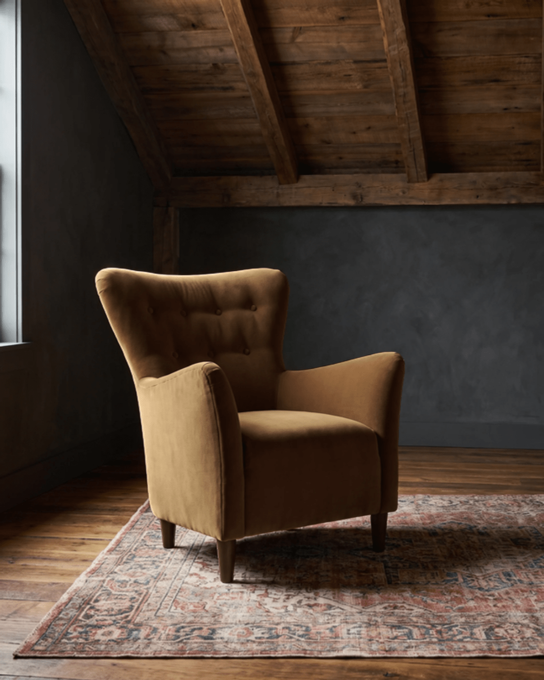 living room custom furniture modern mountain velvet chair Hello Norden - Soren Wing Chair in Banks Eco-Performance Velvet in Tobacco, shown in a rustic modern room