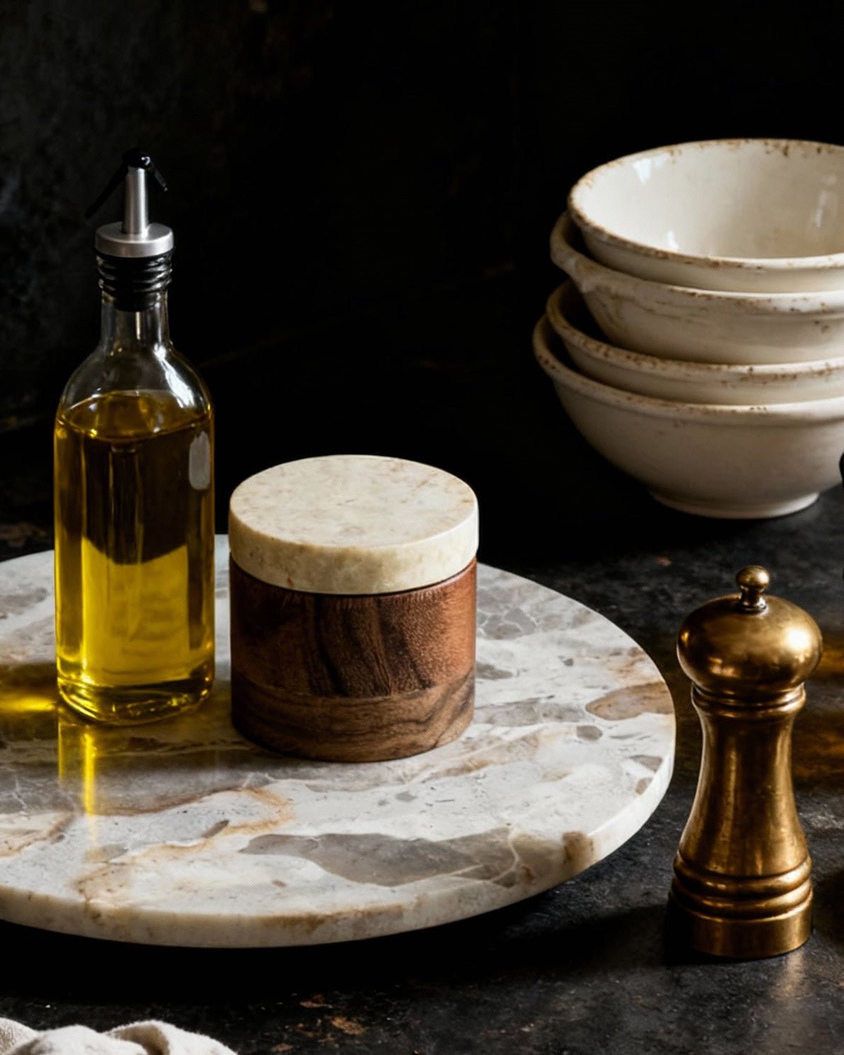 salt cellar wood container with marble lid spice storage farmhouse kitchen Hello Norden marble lazy susan