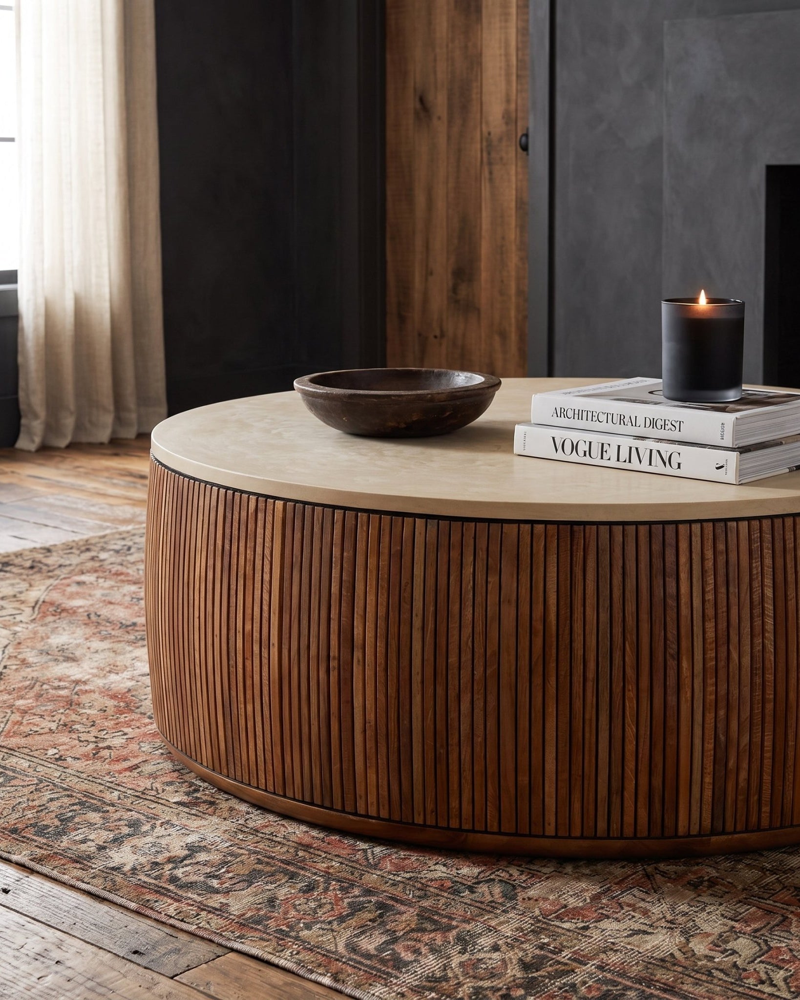 living room furniture modern mountain micro cement and teak wood coffee table Hello Norden - Ottar Coffee Table, styled in a modern rustic room
