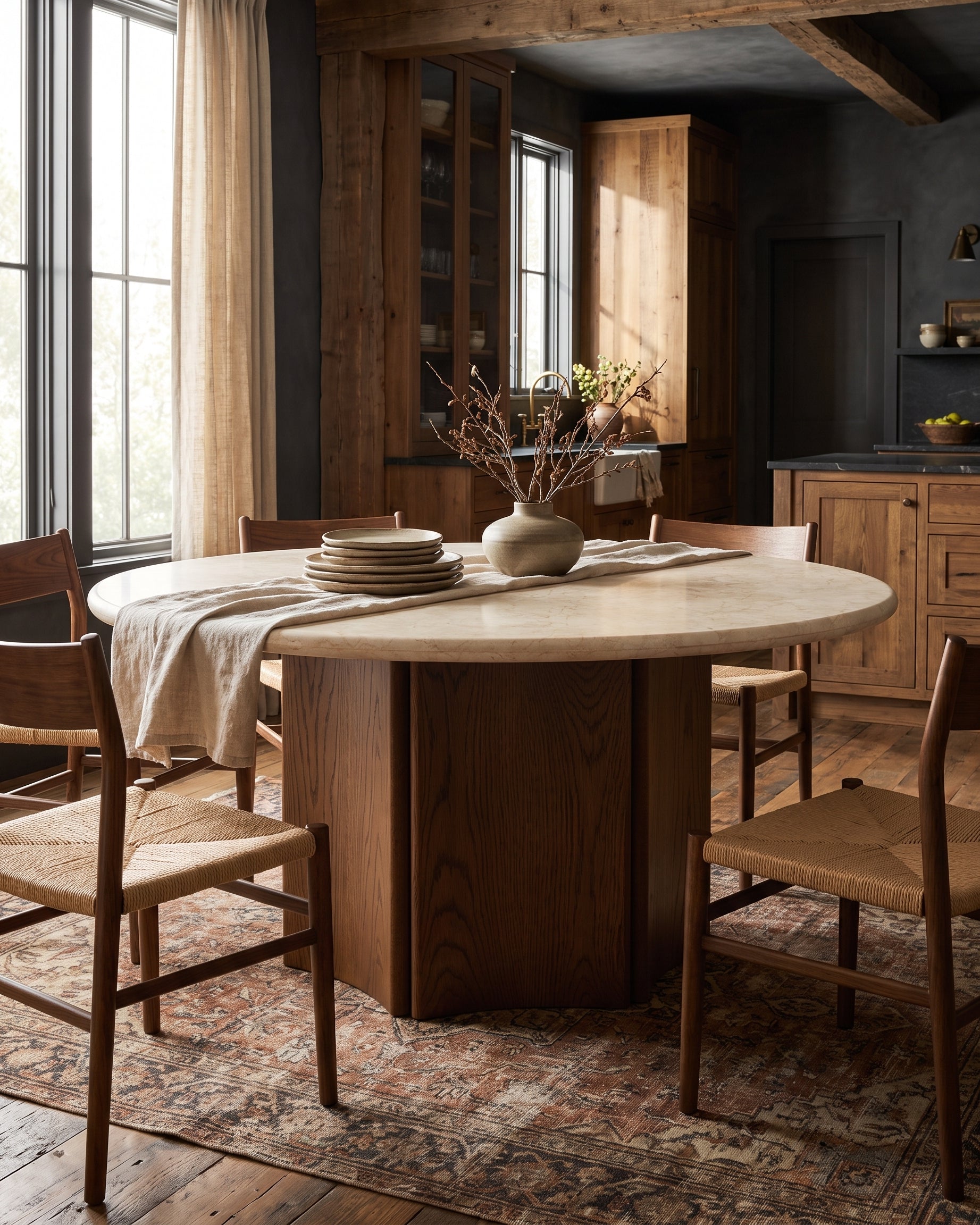 dining room furniture modern mountain oak wood dining table Hello Norden - Torvald Round Dining Table, styled in a modern rustic room