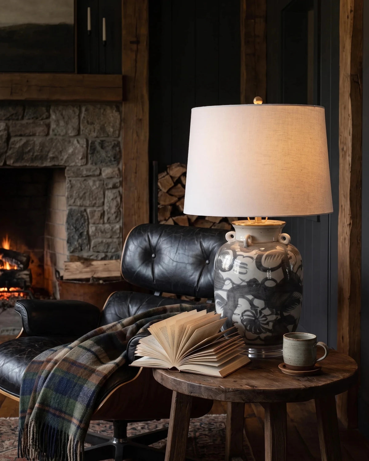 living room furniture modern mountain table lamp Hello Norden - Aslak Porcelain Hand-Painted Abstract Lamp, styled in a modern rustic room
