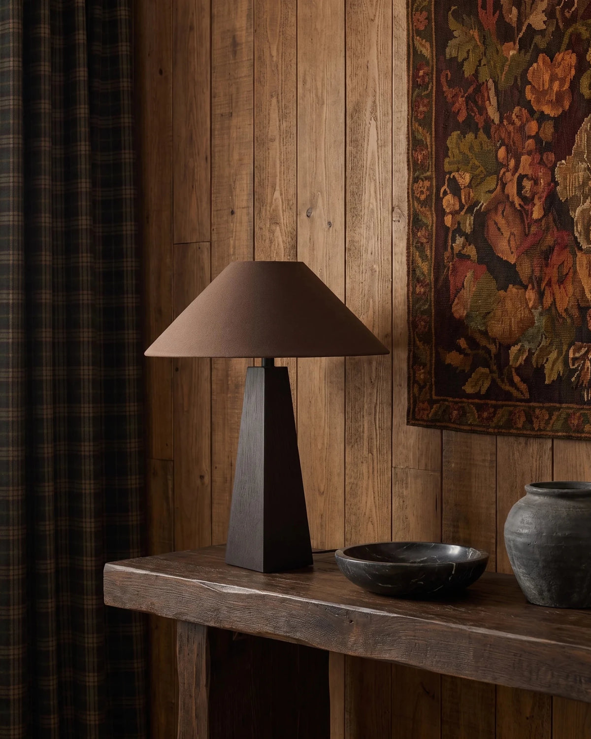 Halfdan Black with brown cloth shade lamp modern mountain table lamp light brutalist country