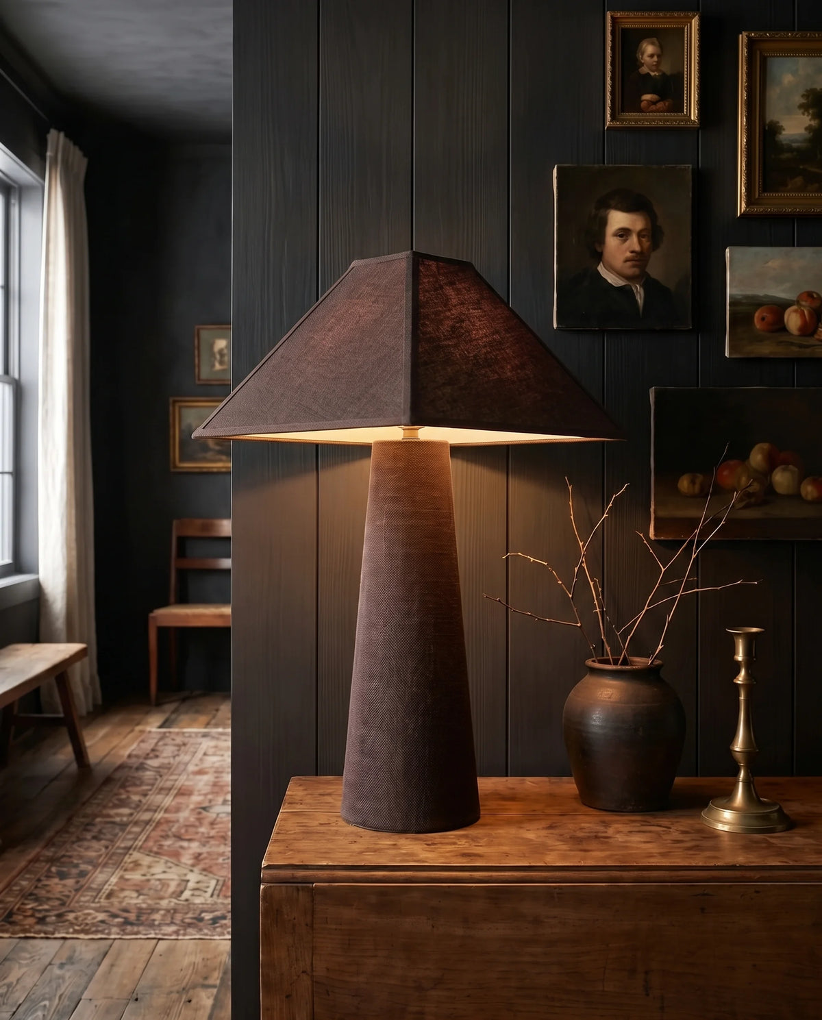 living room furniture modern mountain table lamp Hello Norden - Bjarte Table Lamp, styled in a modern rustic room brown fabric moody living room