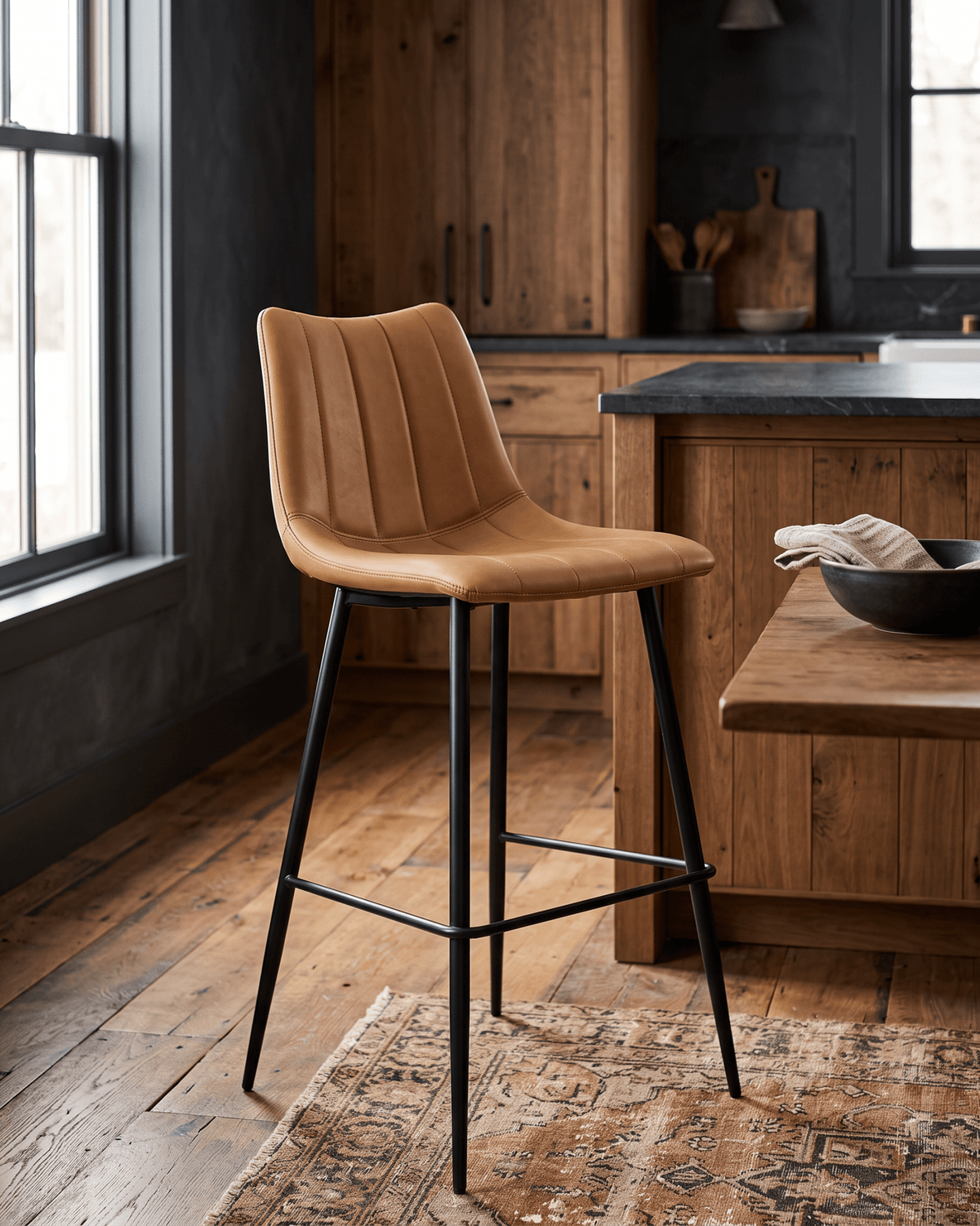 living room furniture modern mountain stool Hello Norden - Valdemar Leather Bar Stools (Set of 2), styled in a modern rustic room