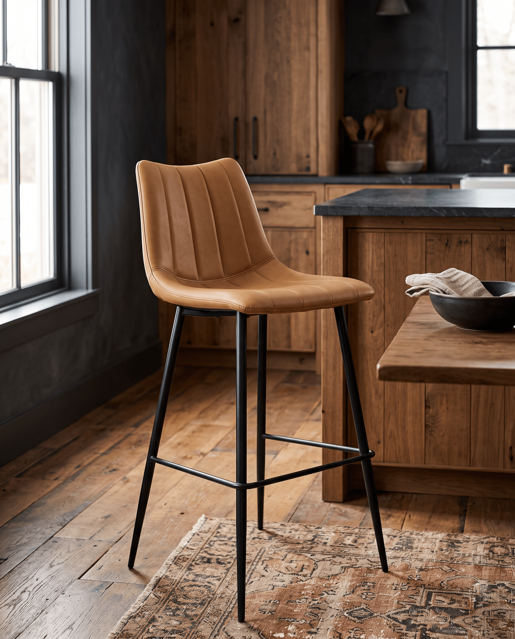 living room furniture modern mountain stool Hello Norden - Valdemar Leather Bar Stools (Set of 2), styled in a modern rustic room