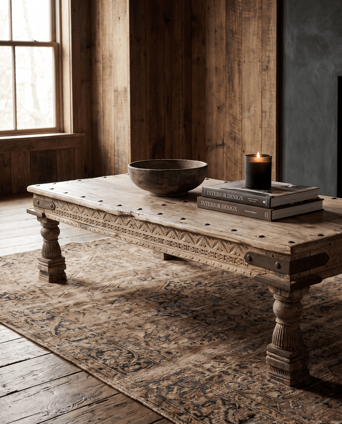 living room furniture modern mountain coffee table Hello Norden - Vidar Salvaged Wood Coffee Table, styled in a modern rustic room