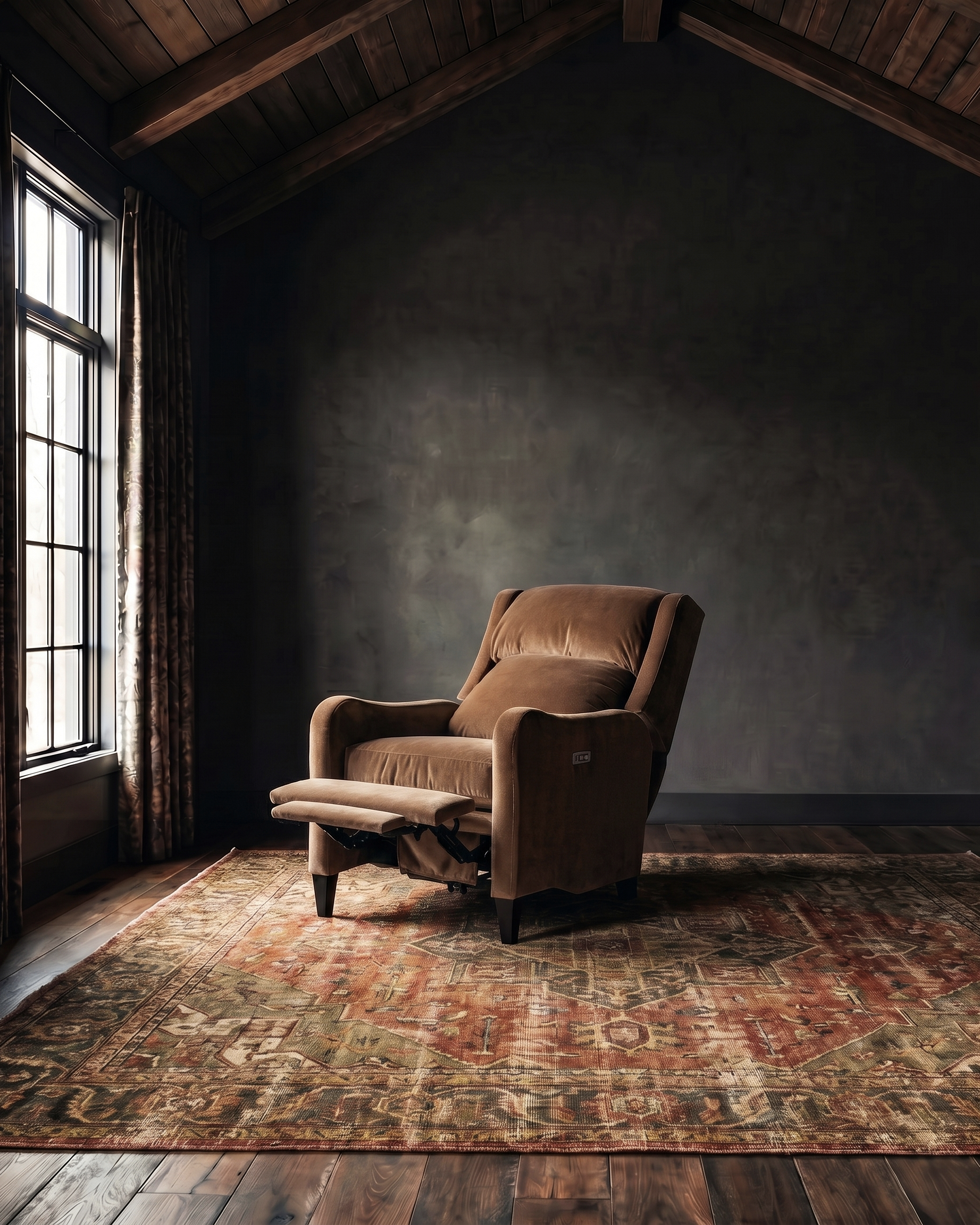 living room custom furniture modern mountain velvet recliner Hello Norden - Viggo Recliner in Banks Eco-Performance Velvet in Yam, shown in a rustic modern room