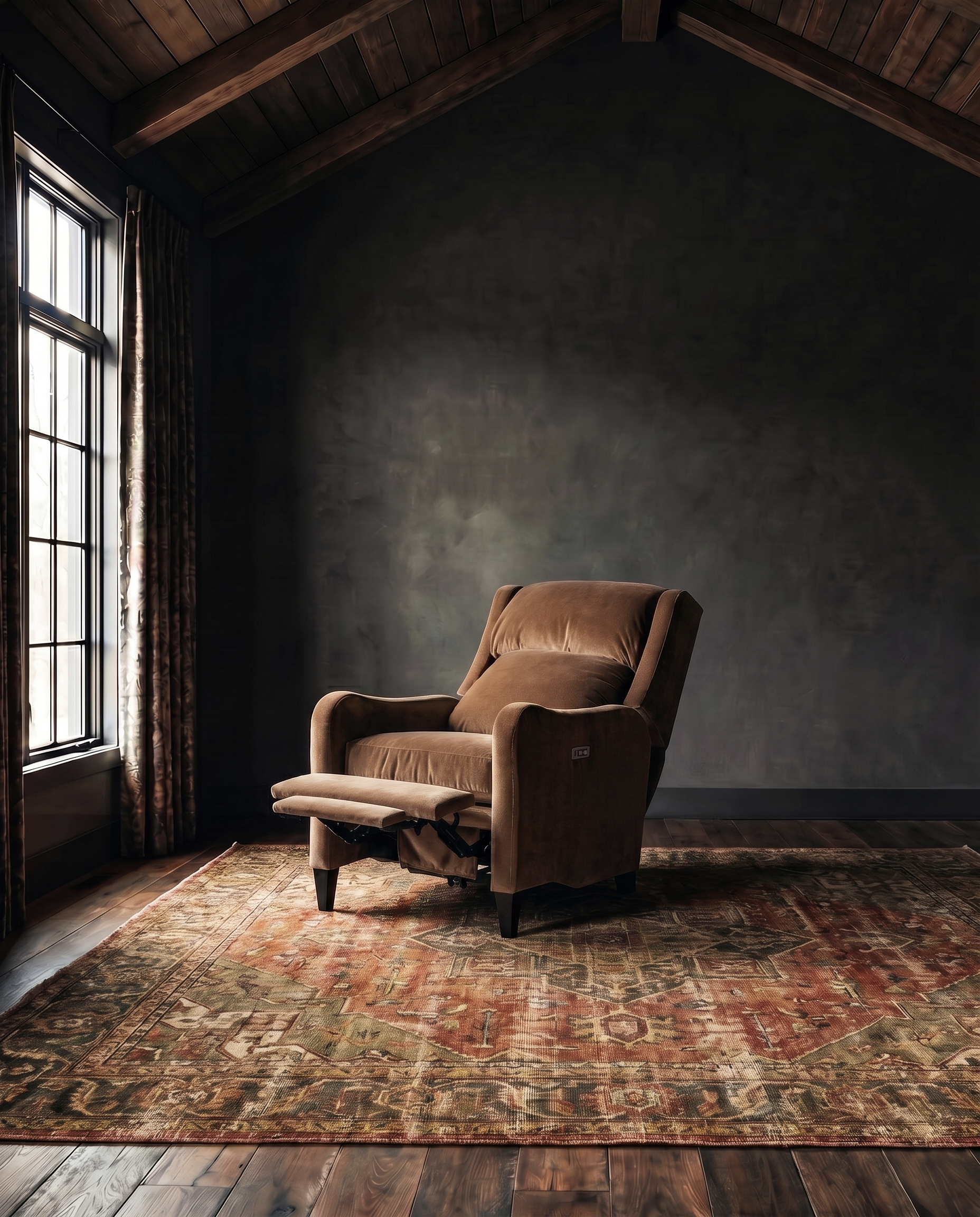 living room custom furniture modern mountain velvet recliner Hello Norden - Viggo Recliner in Banks Eco-Performance Velvet in Yam, shown in a rustic modern room