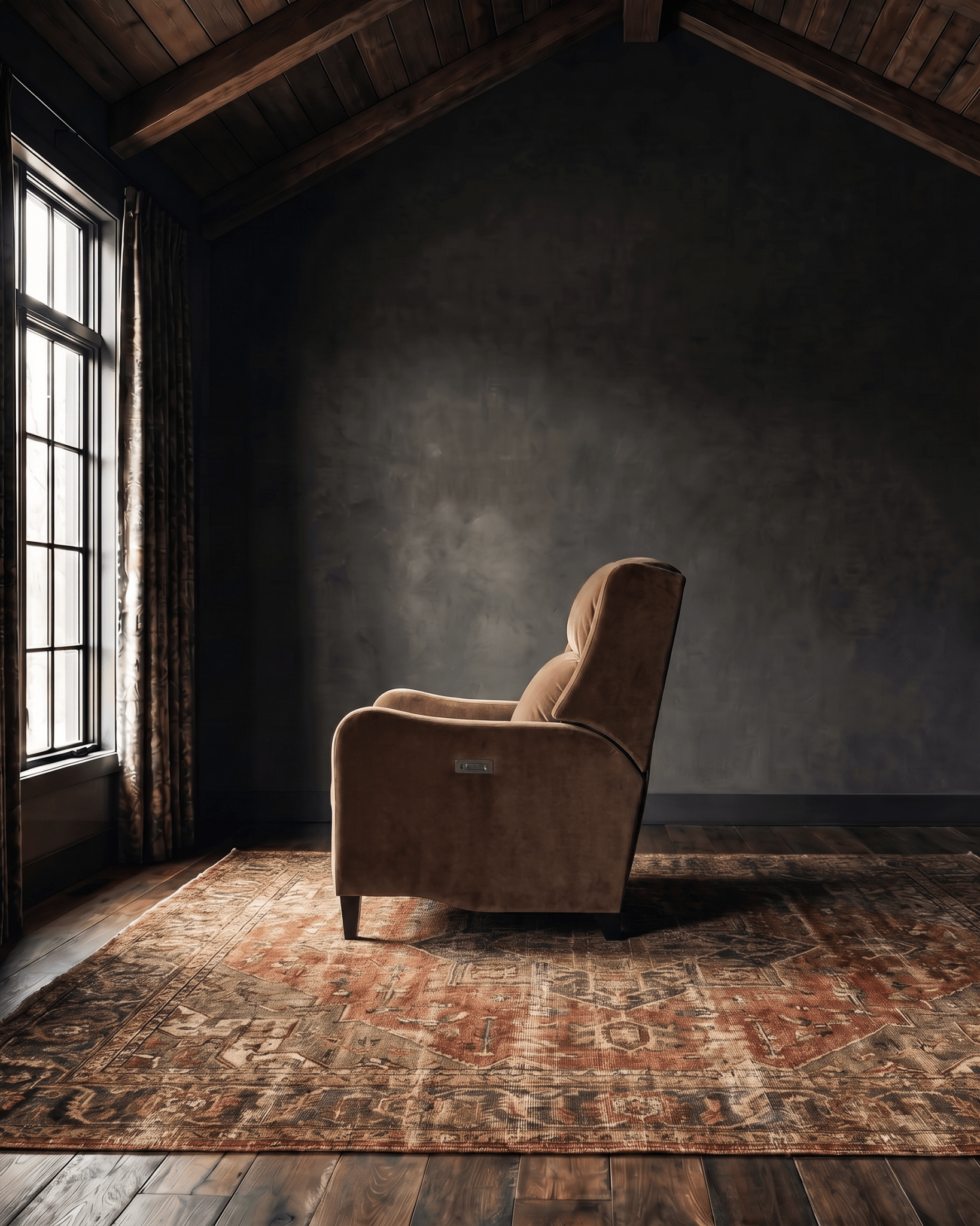 living room custom furniture modern mountain velvet recliner Hello Norden - Viggo Recliner in Banks Eco-Performance Velvet in Yam, shown in a rustic modern room