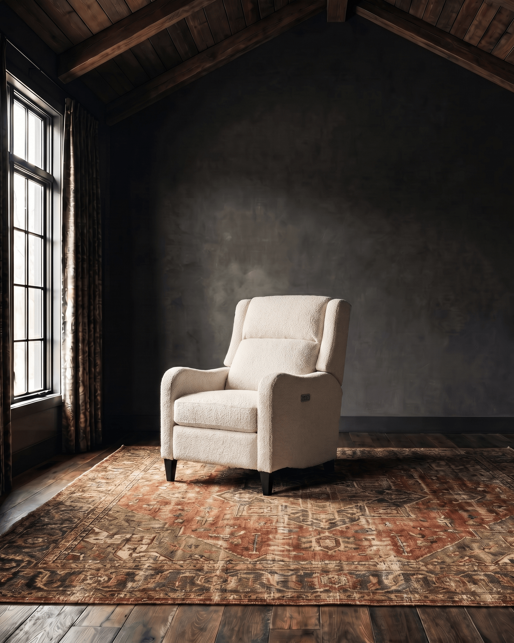 living room custom furniture modern mountain boucle recliner Hello Norden - Viggo Recliner in Haynes Inside/Out Performance Boucle Fabric in Ivory, shown in a rustic modern room