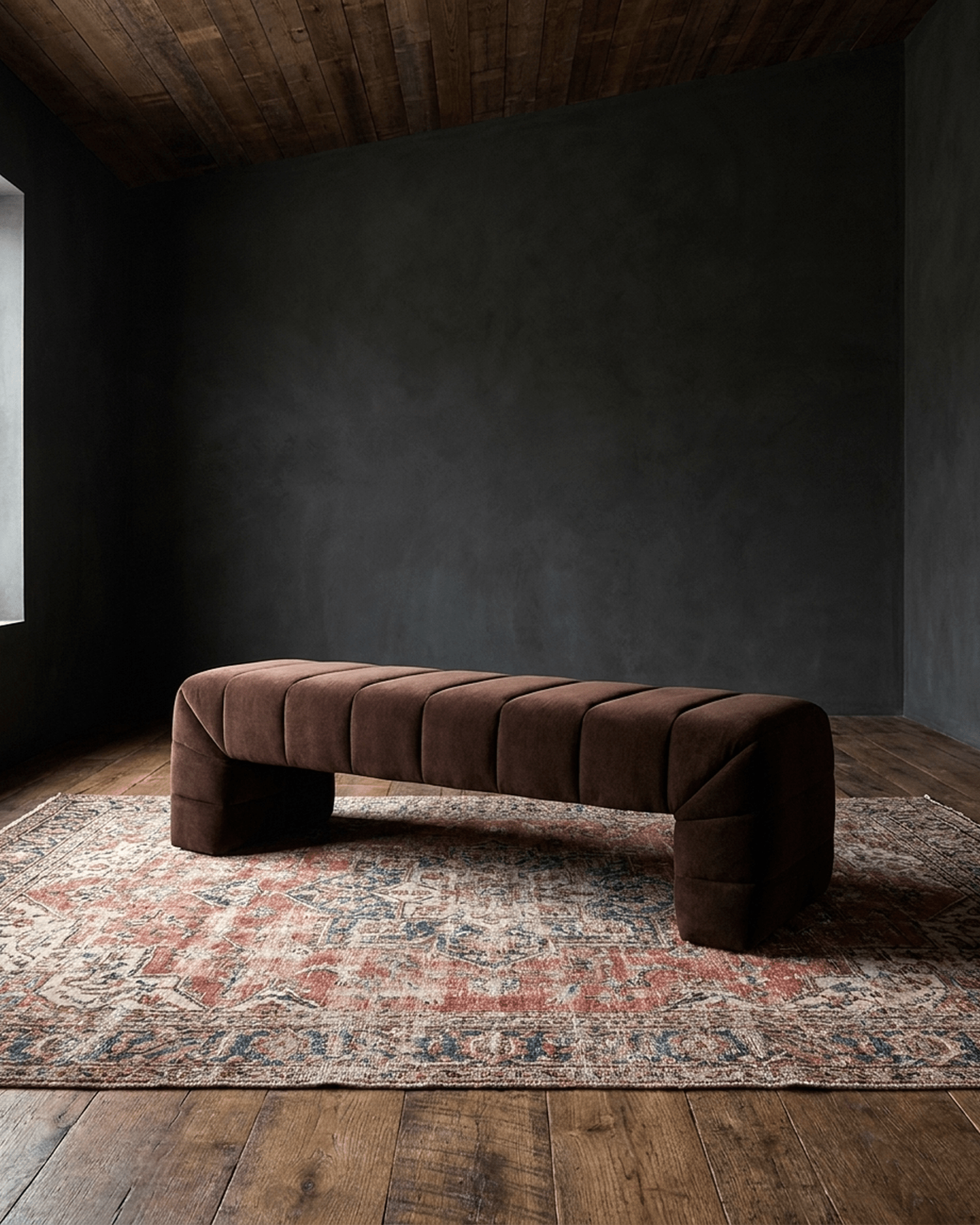 living room furniture modern mountain bench Hello Norden - Viktor Velvet Bench, styled in a modern rustic room