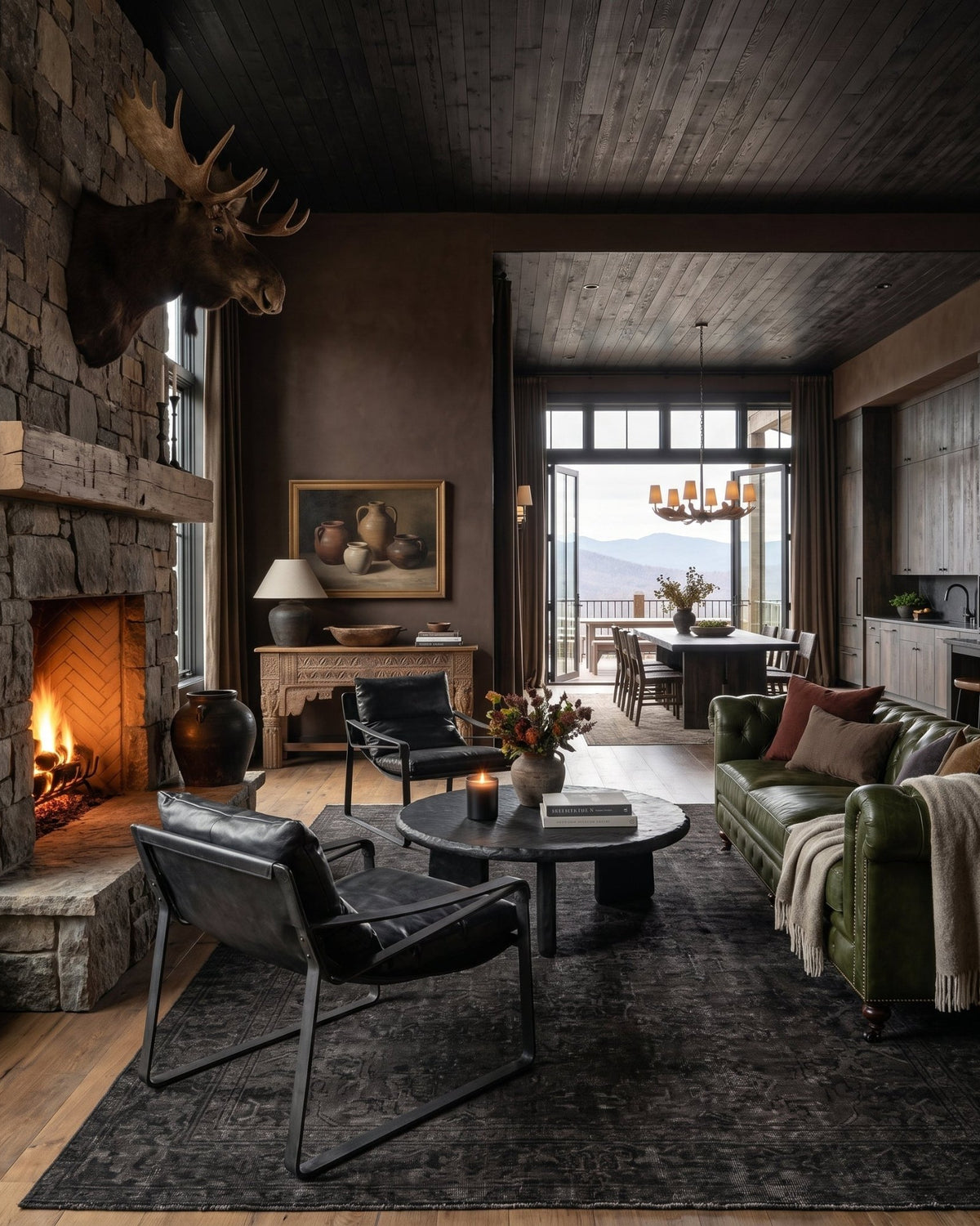 modern mountain Vintage Filip Carving Console Hello Norden, shown in a rustic modern room