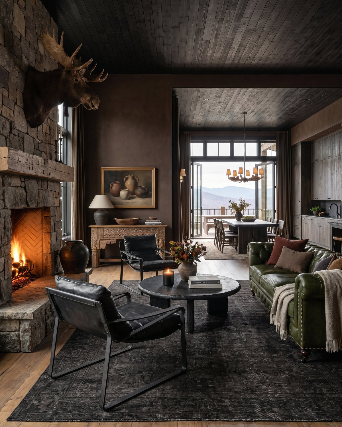 modern mountain Vintage Filip Carving Console Hello Norden, shown in a rustic modern room