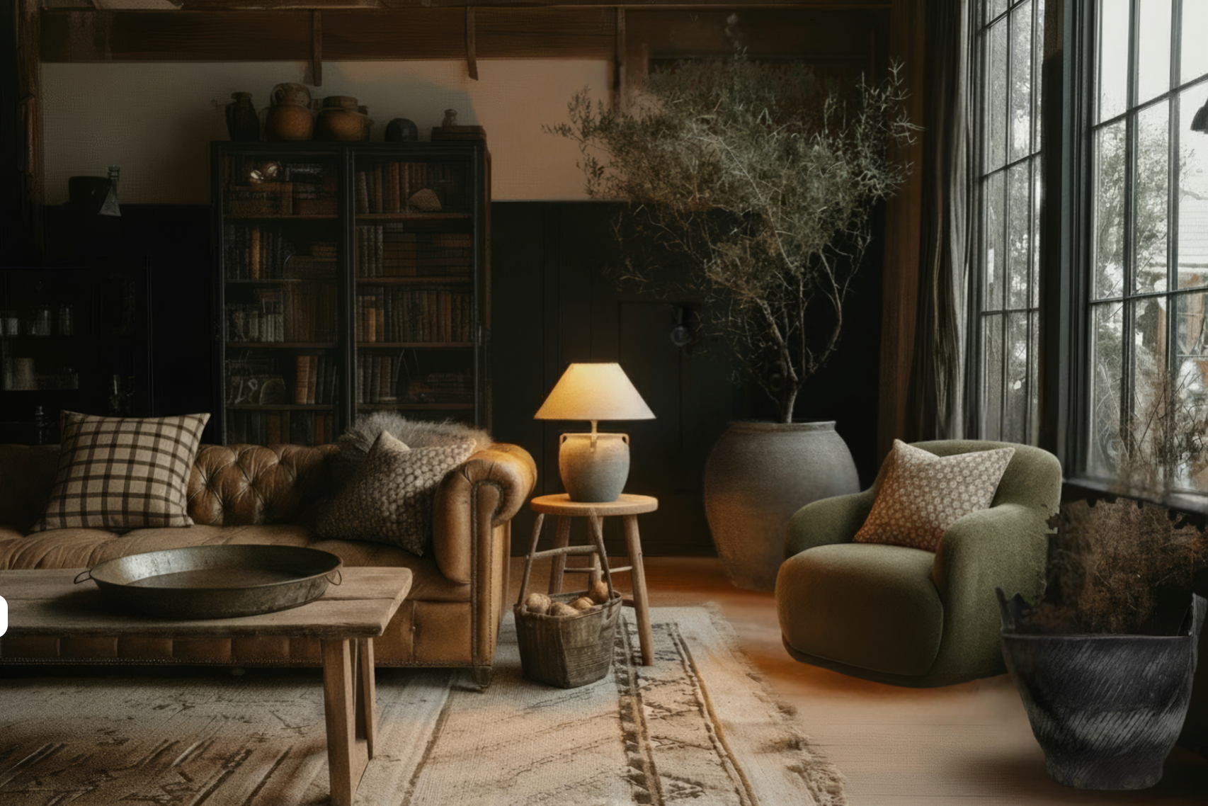vintage decor moody living room with chesterfield sofa and green velvet side chair lounge Hello Norden
