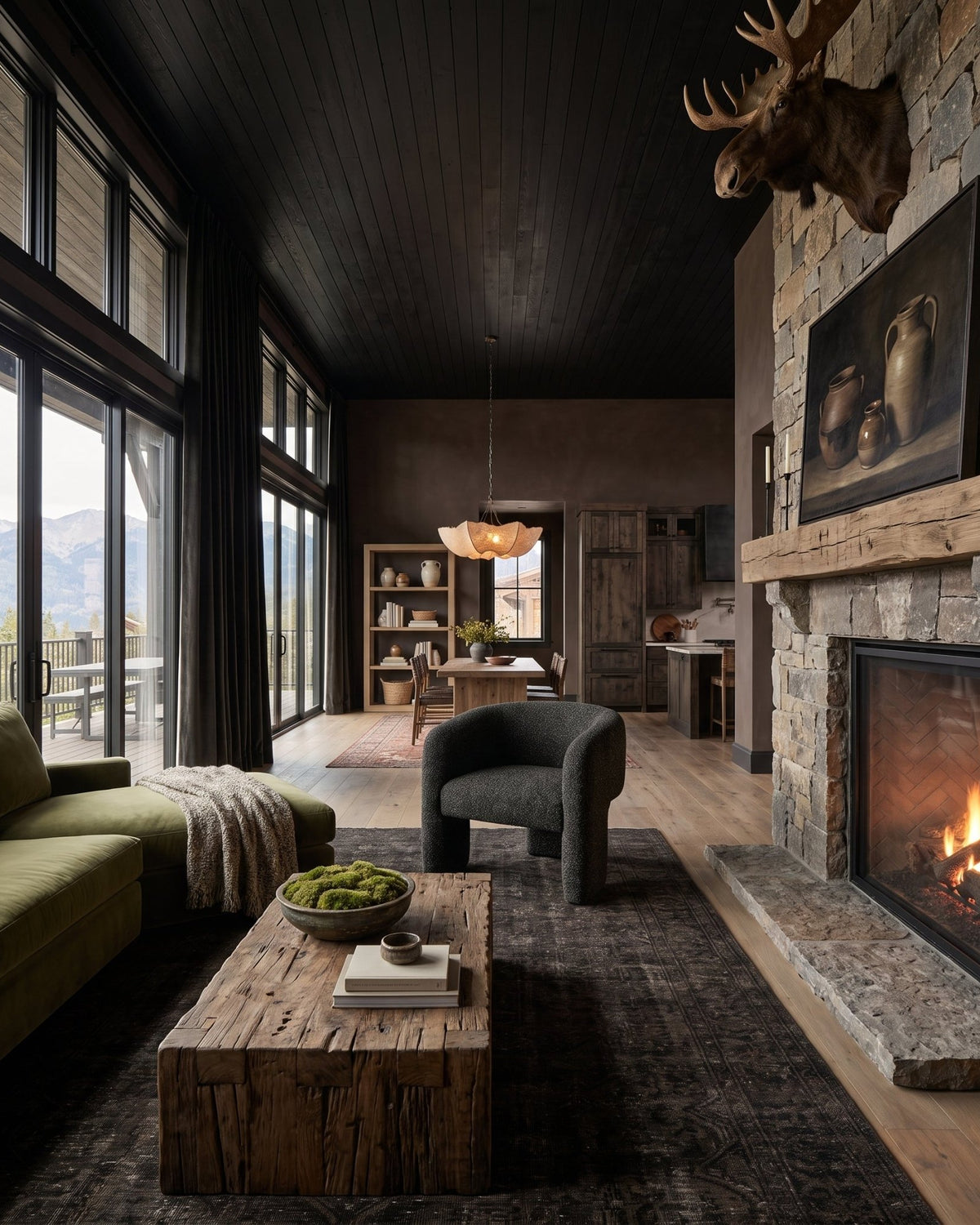 modern mountain Wilhelm Chaise and a Half Lounge Hello Norden, shown in a rustic modern room
