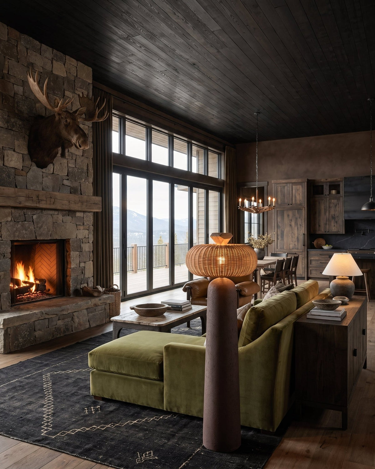 modern mountain Wilhelm Chaise and a Half Lounge Hello Norden, shown in a rustic modern room