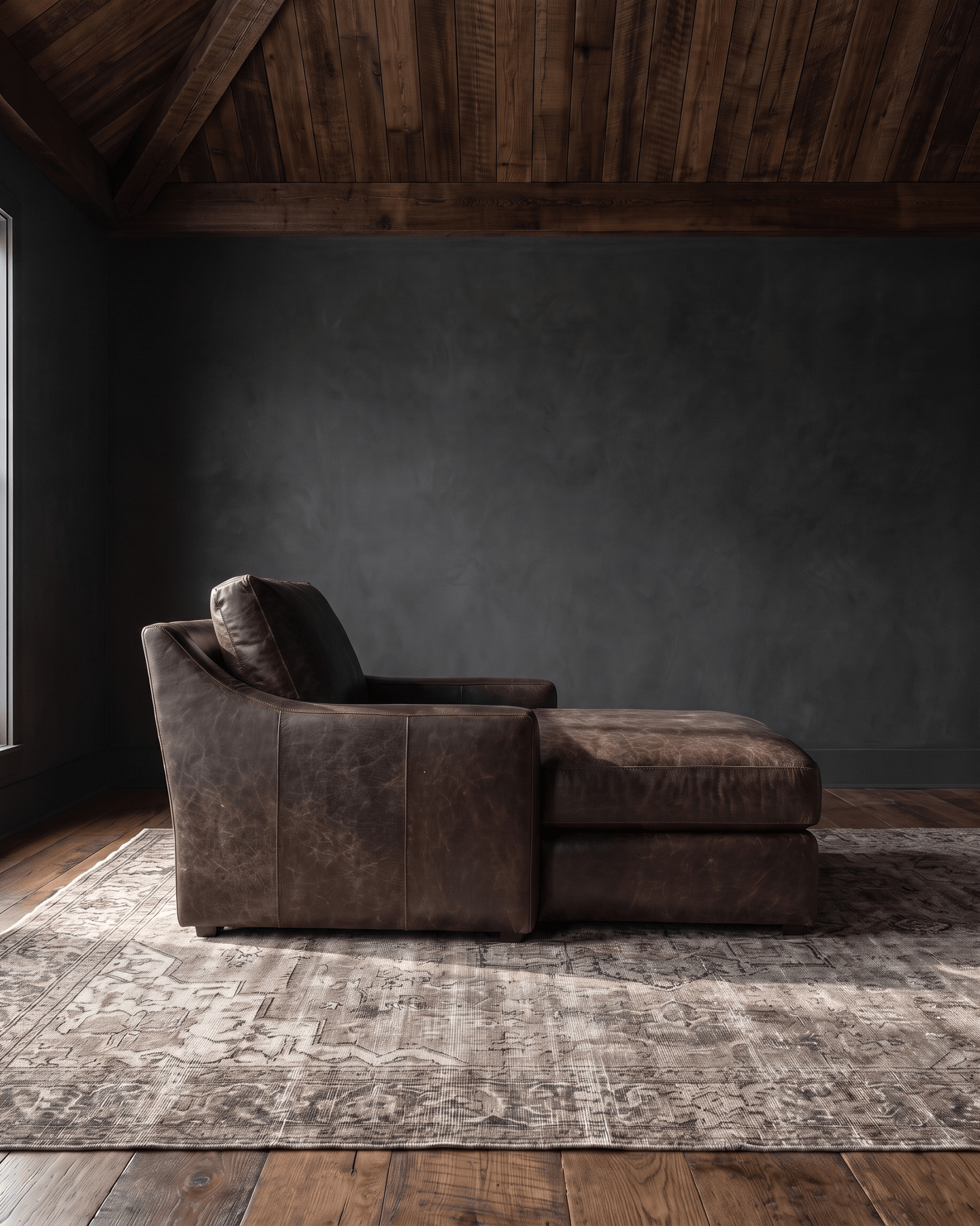 living room custom furniture modern mountain leather chaise Hello Norden - Wilhelm Chaise Lounge in St Croix Holm Sweet Holm leather, shown in a rustic modern room