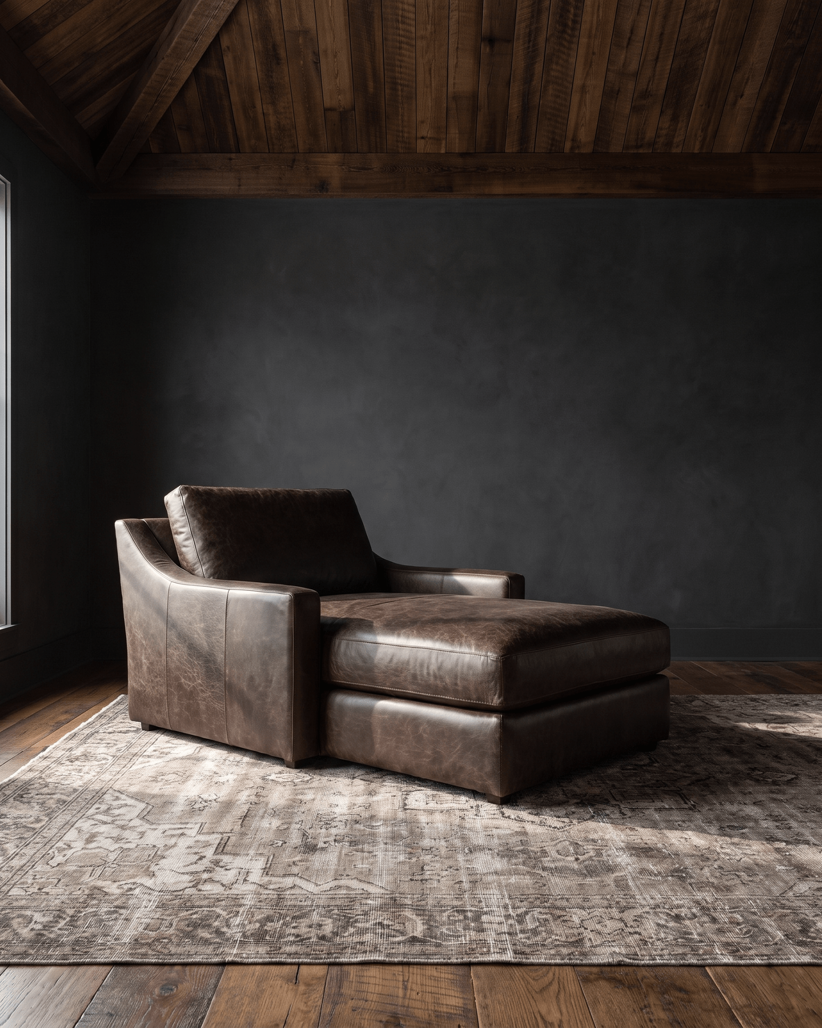 living room custom furniture modern mountain leather chaise Hello Norden - Wilhelm Chaise Lounge in St Croix Holm Sweet Holm leather, shown in a rustic modern room