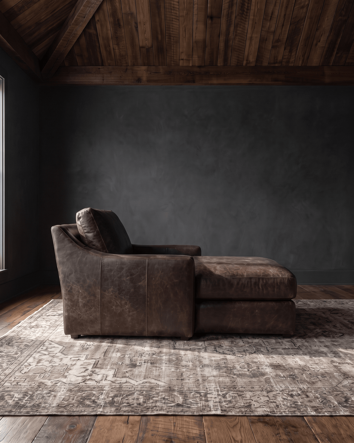 living room custom furniture modern mountain leather chaise Hello Norden - Wilhelm Double Chaise Lounge in St Croix Toasted Coco leather, shown in a rustic modern room