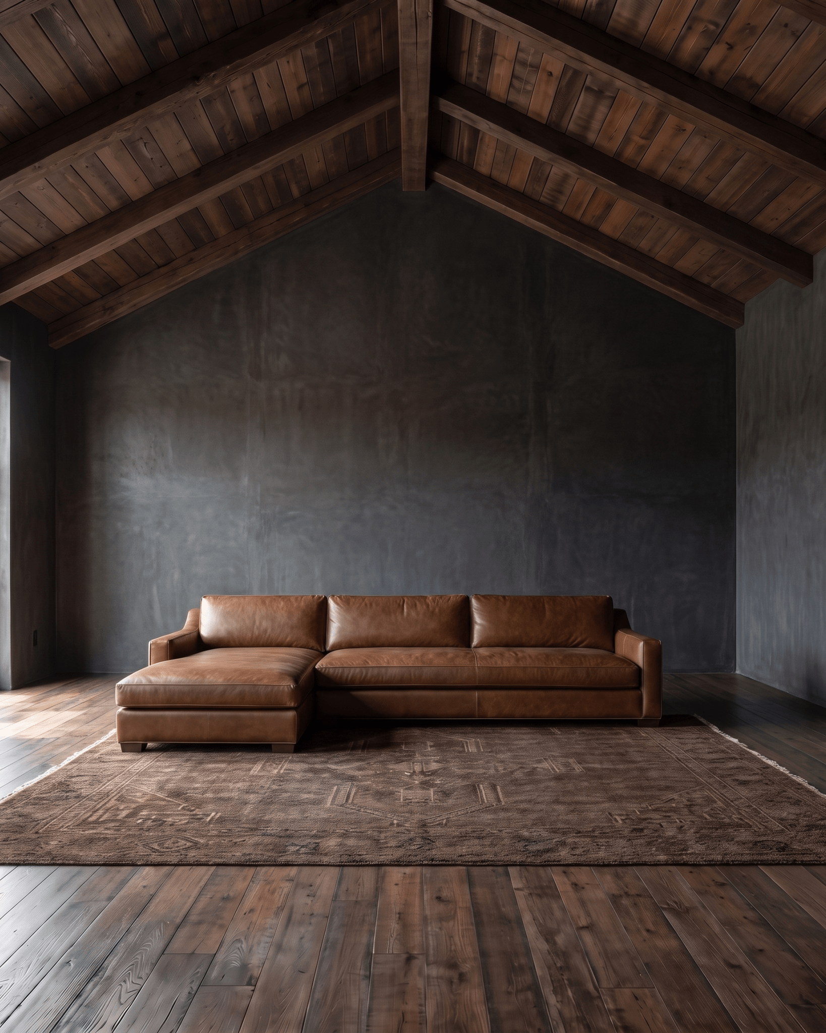 living room custom furniture modern mountain leather sectional Hello Norden - Wilhelm Sectional with Chaise (92-116" | multiple sizes) in St Croix Holm Sweet Holm leather, shown in a rustic modern room