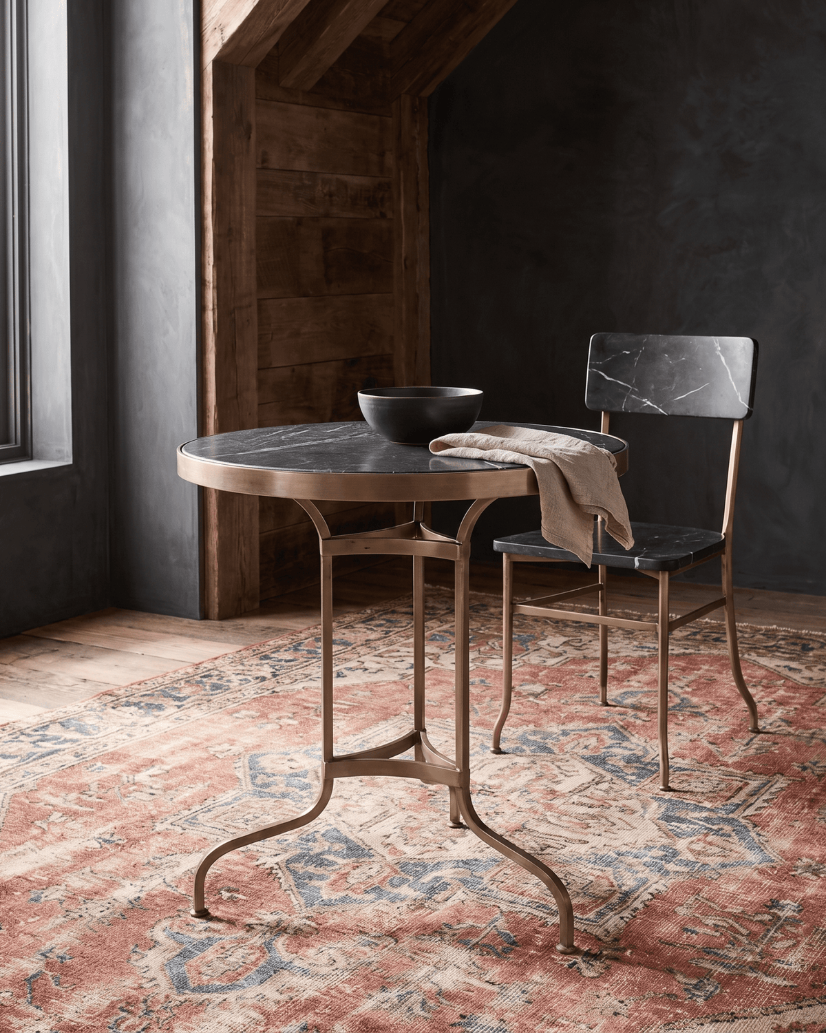living room furniture modern mountain table Hello Norden - Wilma Black Stone and Brass Table, styled in a modern rustic room