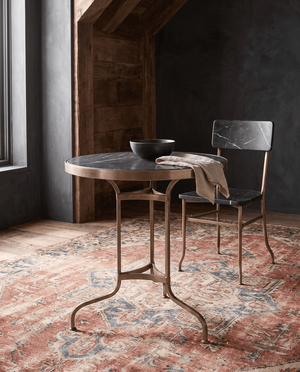 living room furniture modern mountain table Hello Norden - Wilma Black Stone and Brass Table, styled in a modern rustic room
