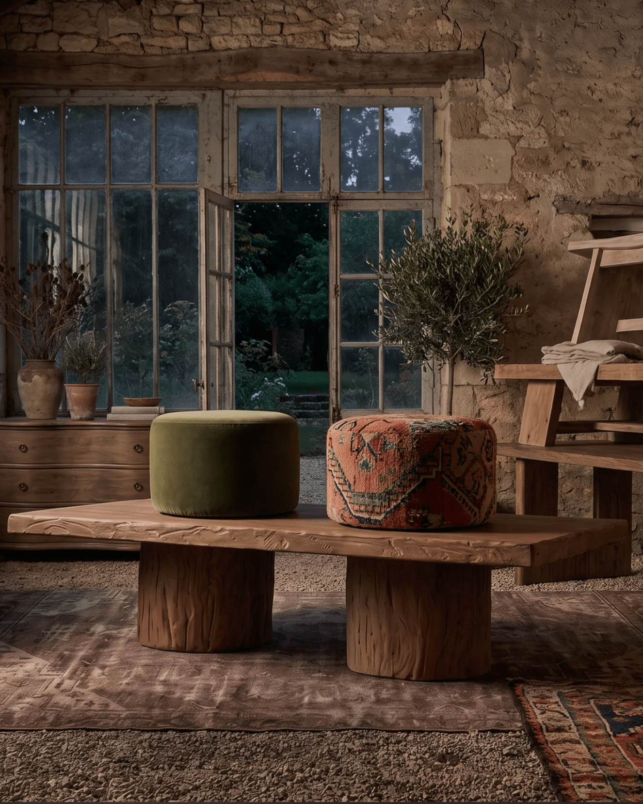 wolf 18 21 24 inch upholstered round custom ottoman Hello Norden custom furniture Modern Mountain living room