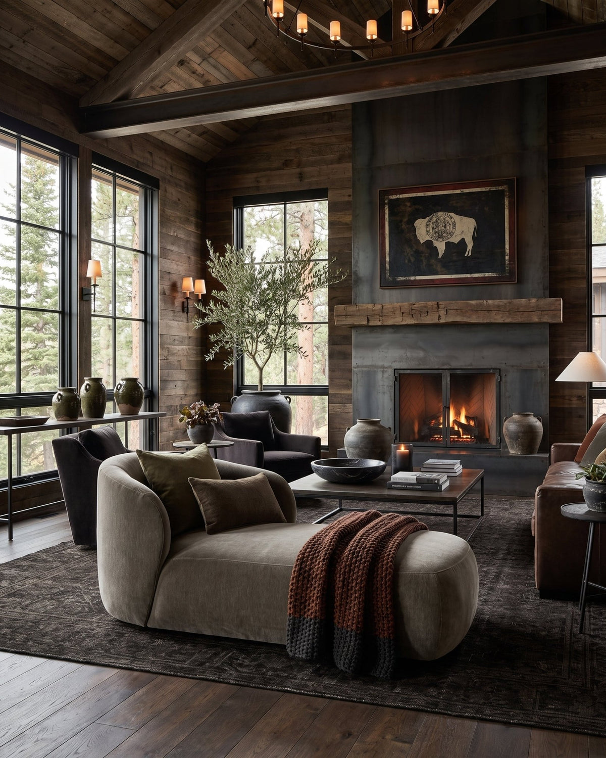 living room furniture modern mountain velvet fabric chaise Hello Norden - Yngvar Chaise, styled in a modern rustic room