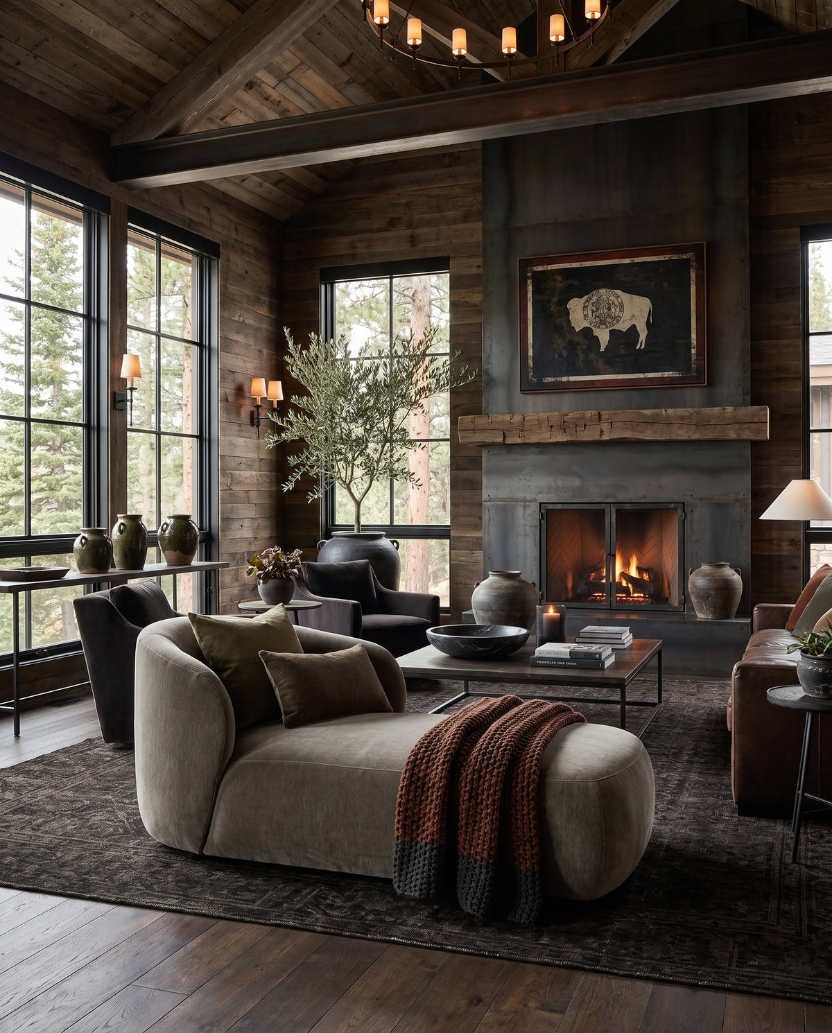 living room furniture modern mountain velvet fabric chaise Hello Norden - Yngvar Chaise, styled in a modern rustic room