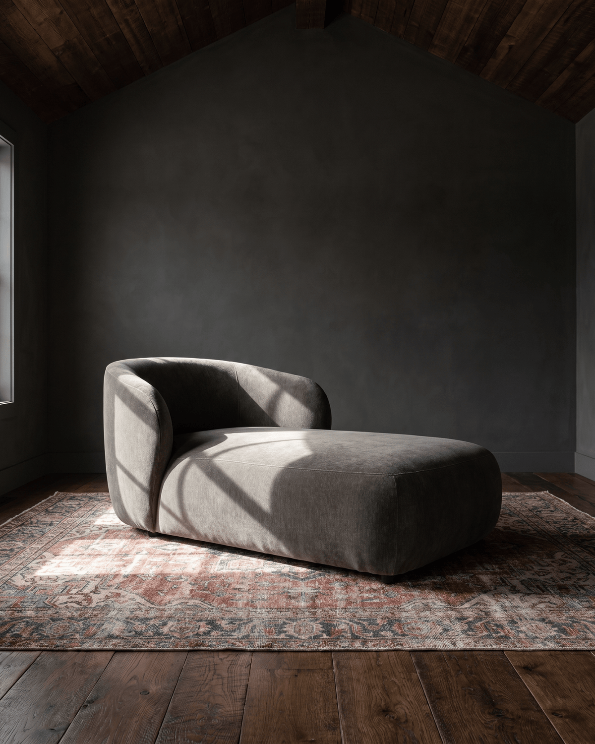 living room furniture modern mountain velvet fabric chaise Hello Norden - Yngvar Chaise, styled in a modern rustic room