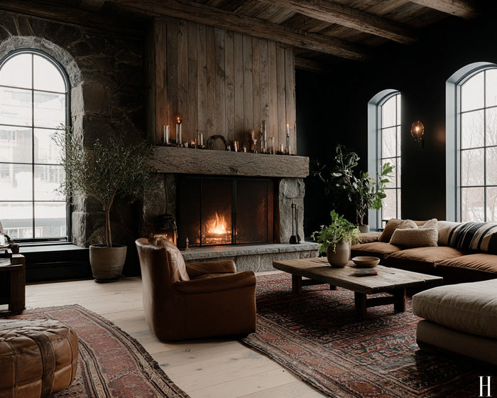 Cozy living room with home vintage decor featuring rustic wood beams, stone fireplace, leather armchair, patterned rug, and earthy tones for a warm, inviting atmosphere.