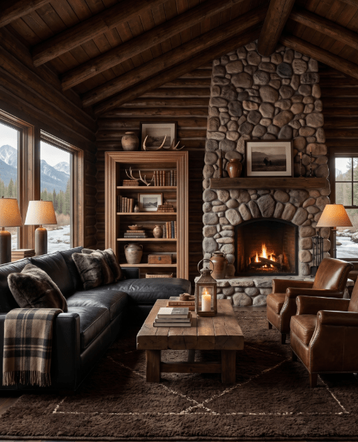 Rustic log cabin living room featuring a floor-to-ceiling river stone fireplace, black leather sectional, cognac leather armchairs, wooden bookshelf, exposed timber ceiling, and vintage decor.